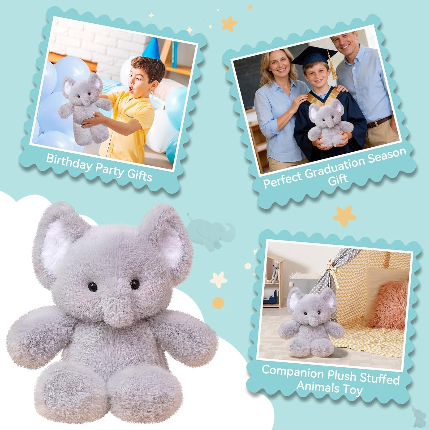 Elephant Stuffed Animal Plush - 16 Inch Cute Grey Elephant Plush Throw Pillow Toy, Huggable Stuffed Animal Toy Easter Gifts for Kids & Adults (0.66 lbs)