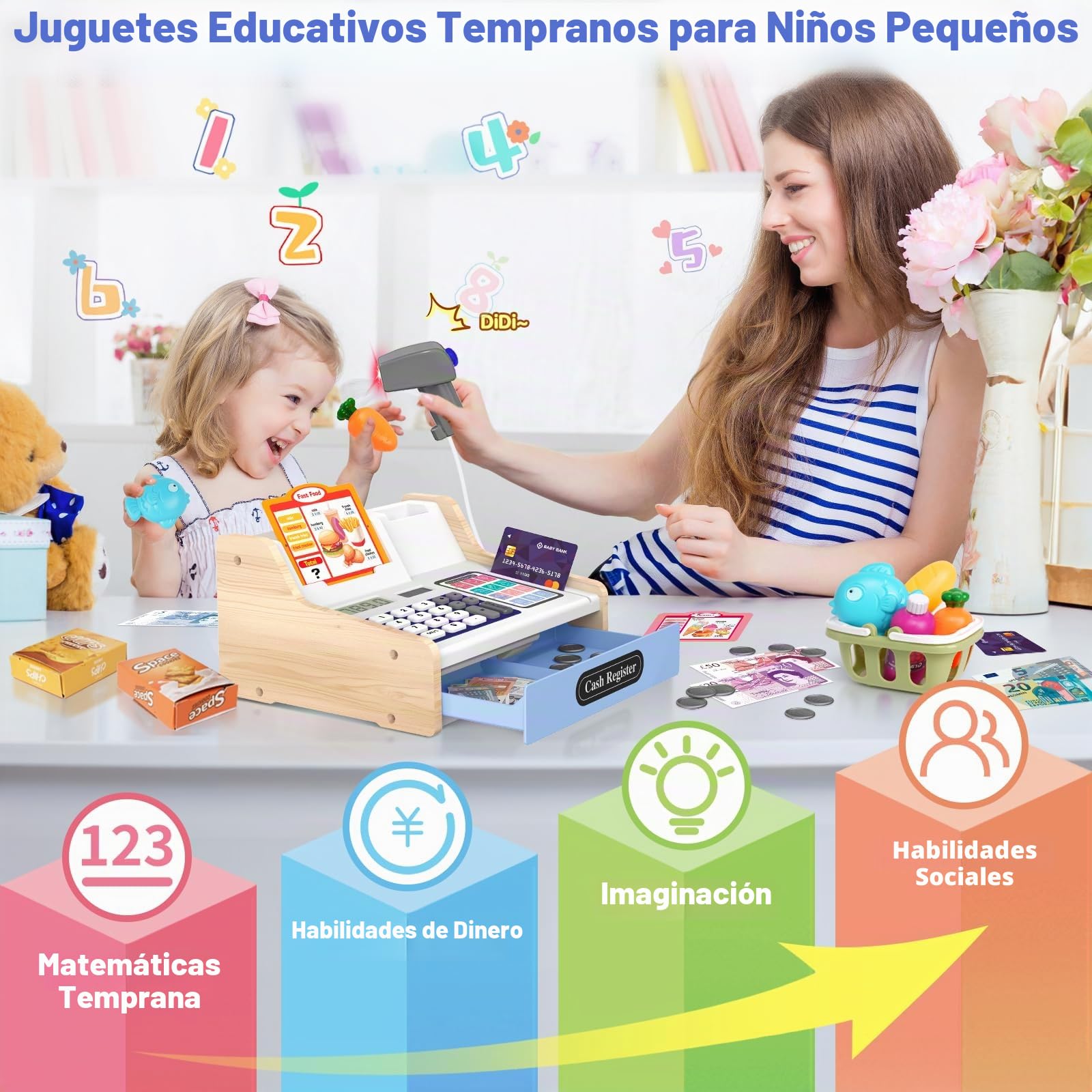 2026 Caja Registradora Juguetes de Madera con Calculadora de Escáner para Niños Niñas 3+ Años, Juguetes de Tienda Juegos Simulación Regalos Educativos para Niños Pequeños 3 4 5 6 7 Años, Blanco&Azul