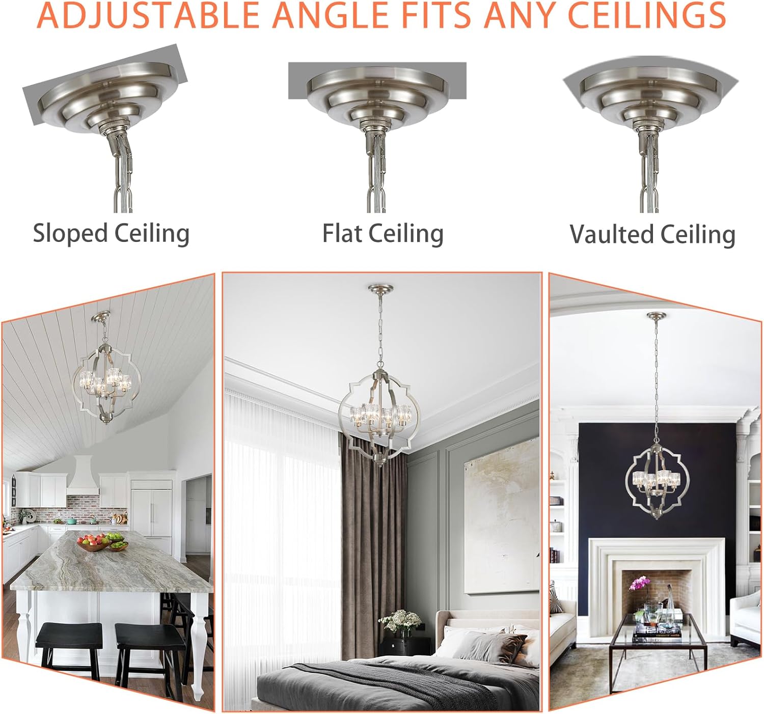 17.7" Brushed Nickel Chandelier Modern Hanging 4-Light Farmhouse Pendant Lighting Fixtures Geometric Chandeliers for Dining Room Living Room Bedroom Kitchen Island Home Office