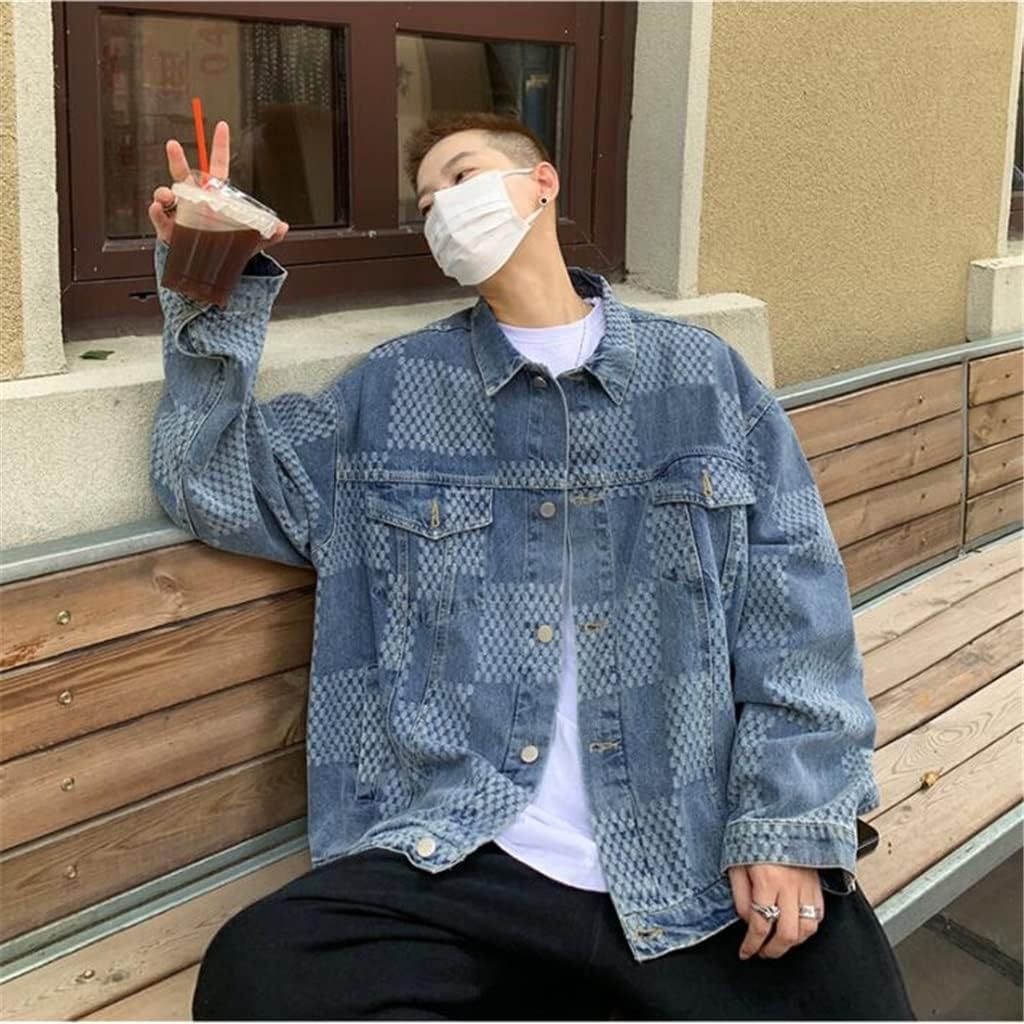 Plaid denim jacket vintage men's fall high street teenage sense gangly handsome lapel