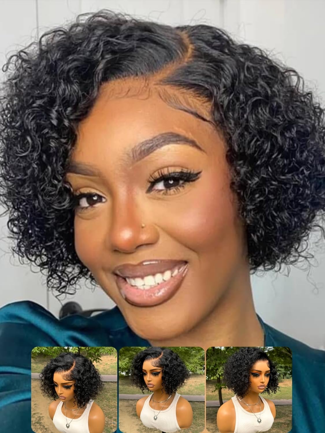 Nadula Bye Bye Knots Wig 8 Inch Short Curly Beyond Basics Bob Glueless Wigs Human Hair Pre Cut/Plucked, 7x5 HD Lace Closure Wig No Glue Pre-Everything Ready to Go Bob Curly Wig Side Part Black Color