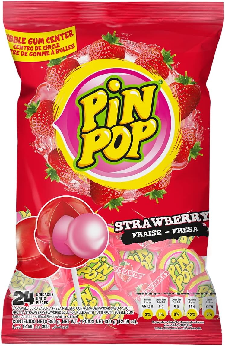 Pin Pop Candy, Strawberry Flavor Individually Wrapped 24 Count Lollipops, Fruit Flavor For Kids, Bubble Gum Pops, Pack of 1, 360g (12.69oz)