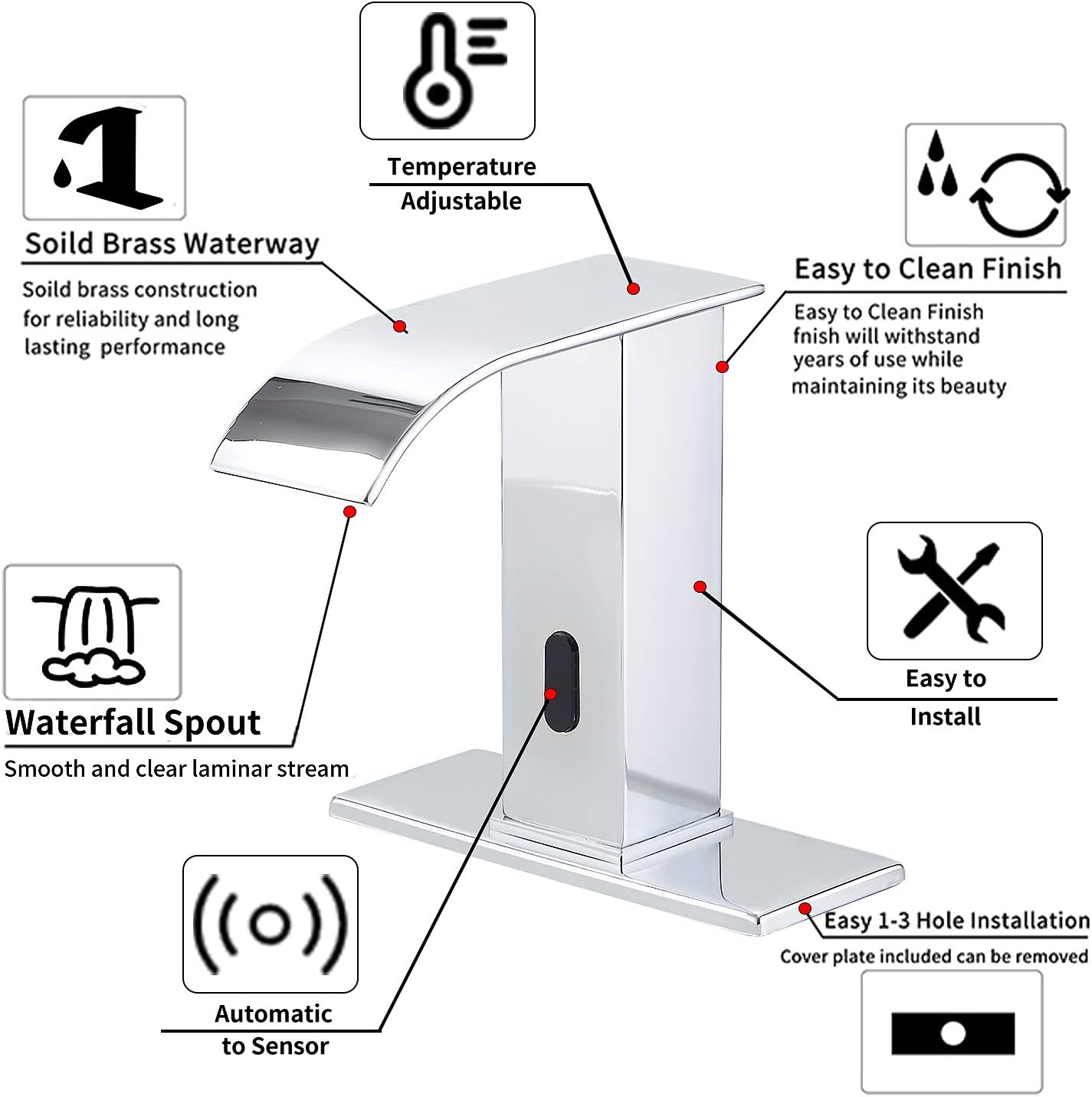 GGStudy Automatic Sensor Touchless Bathroom Sink Faucet with Hole Cover Plate Vanity Faucets Hands Free Waterfall Bathroom Water Tap with Control Box and Temperature Mixer Polished Chrome