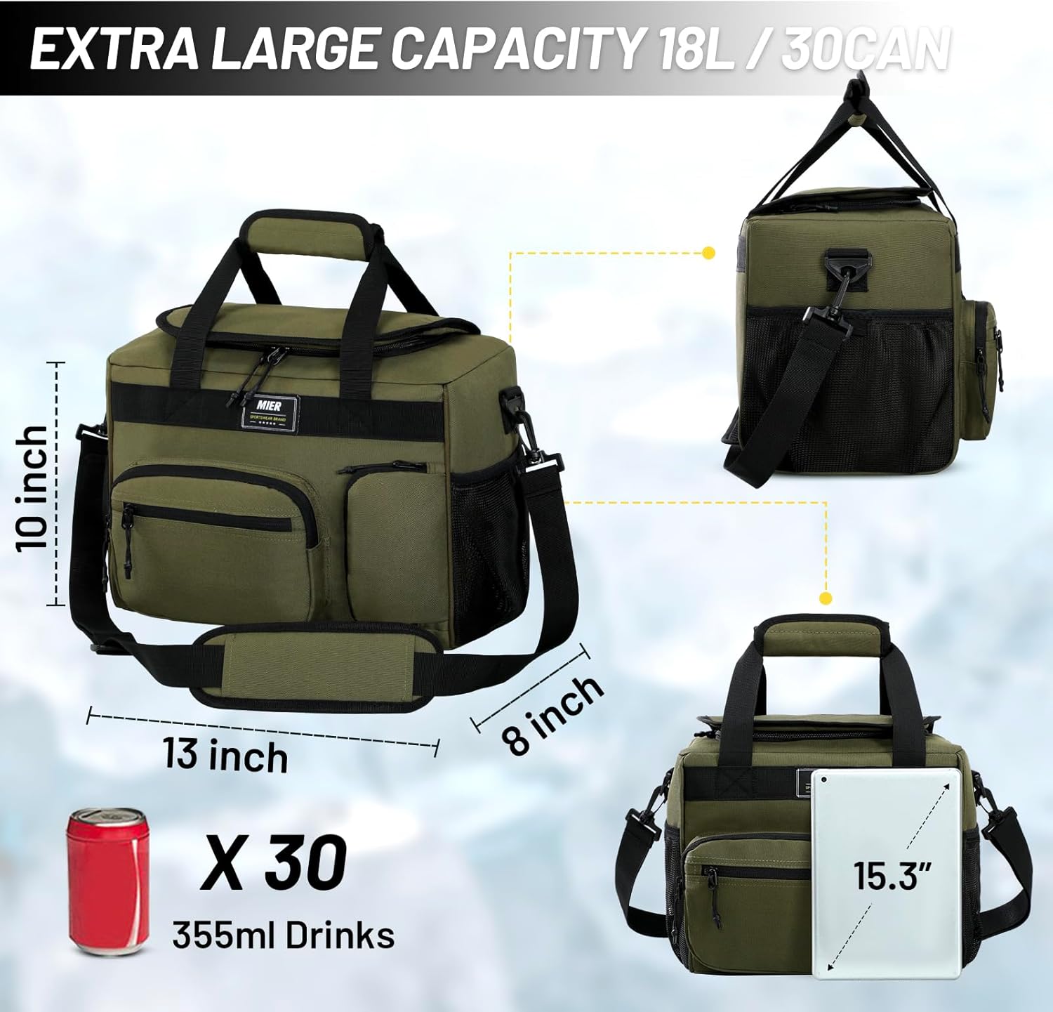 MIER Large Lunch Box for Men Women Adult Insulated Soft Sided Cooler 30 Can Leakproof Lunch Bag Collapsible for Work Travel Camping Beach, 18L (Army Green-No Luggage Strap)