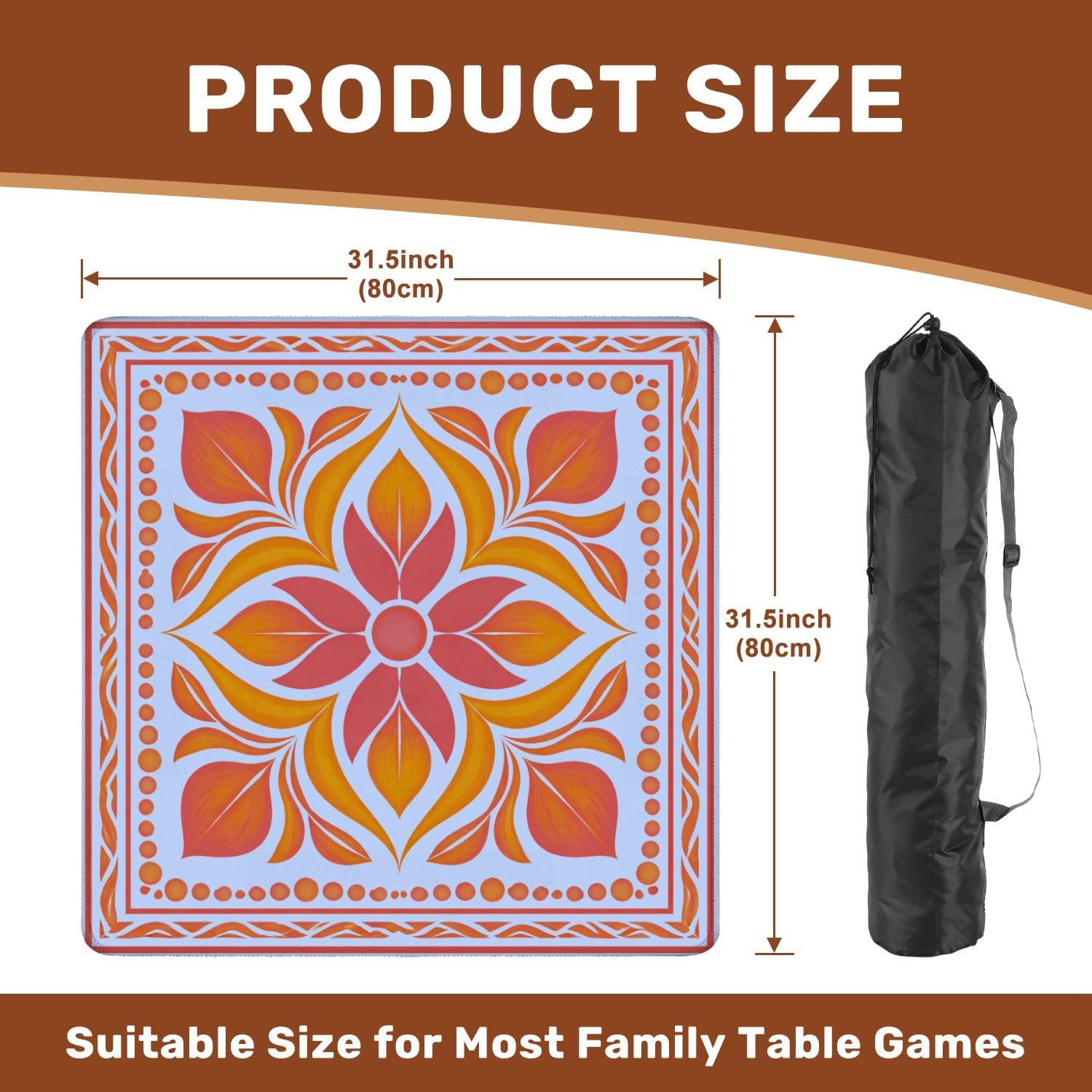 Mahjong Mat with Carrying Bag 31.5" x 31.5" Non-Slip Noise Reduction Floral Mandala Geometric Warm Orange Coral Symmetry Table Mat for Mahjong Poker Dominoes Card Board Tile Games