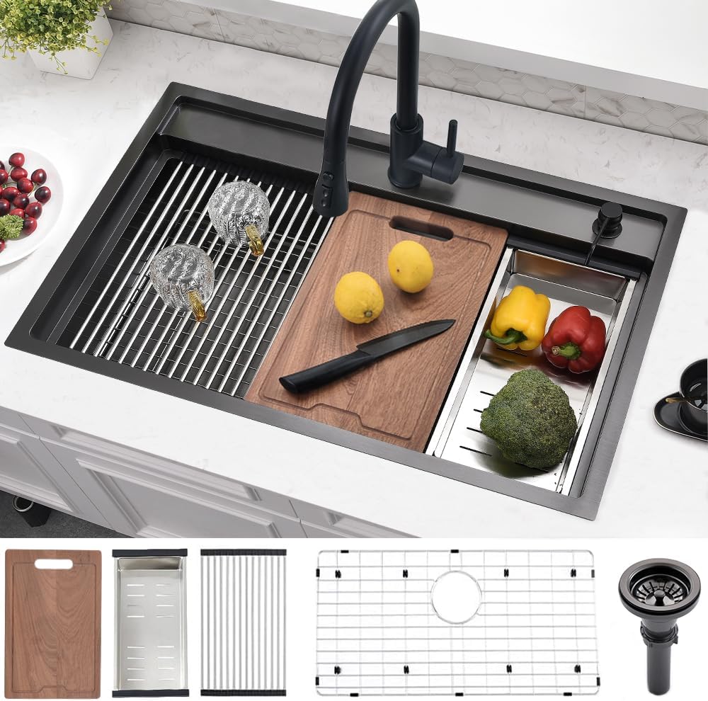 33 Inch Black Kitchen Sink Drop In Splash Guard Workstation, 33x19 Drop In Kitchen Sink Black Stainless Steel 16 Gauge Deep Single Bowl Top Mount Kitchen Sinks with Accessories
