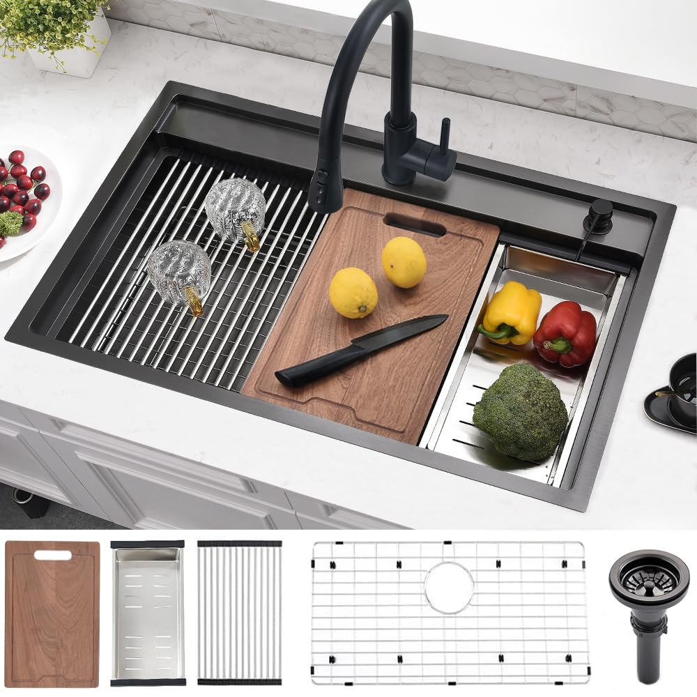 33 Inch Black Drop In Kitchen Sink Splash Guard Workstation, 33x19 Kitchen Sink Drop In Stainless Steel Top Mount 16 Gauge Deep Single Bowl Black Sink Kitchen with Accessories