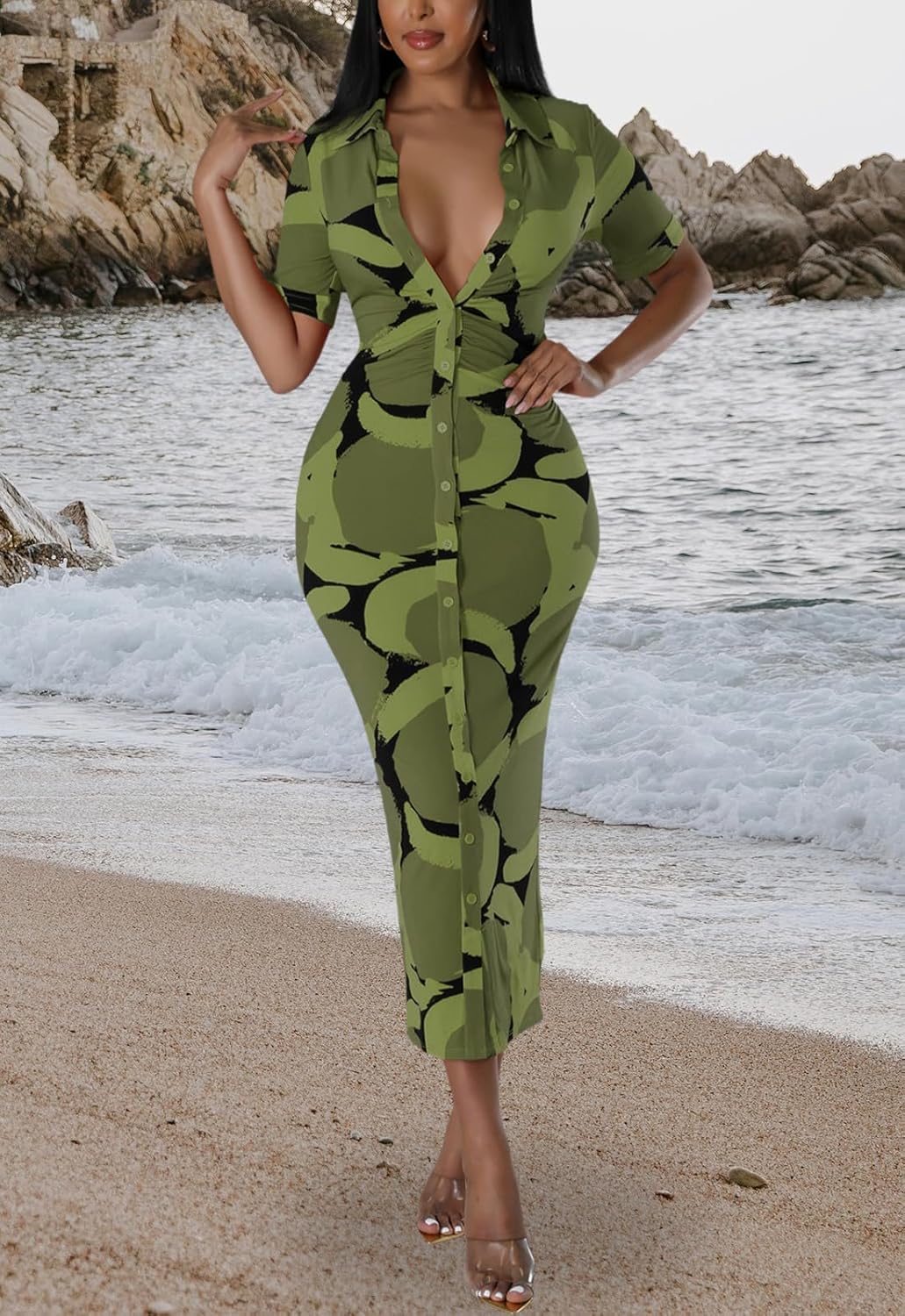 Women's Short Sleeve Button Down Shirt Dress Casual Print Collar V Neck Midi Dresses - Image 3