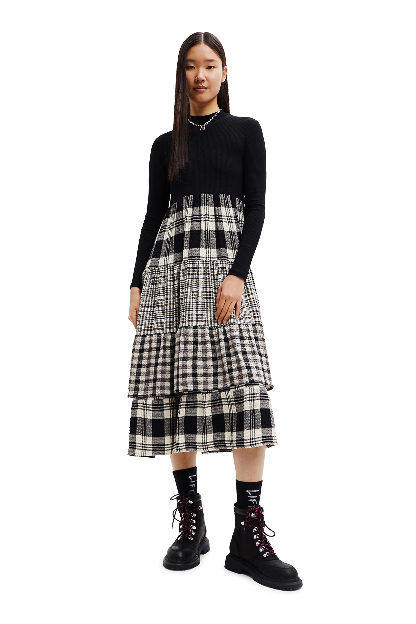 Midikleid mit Schottenrock - BLACK - XS