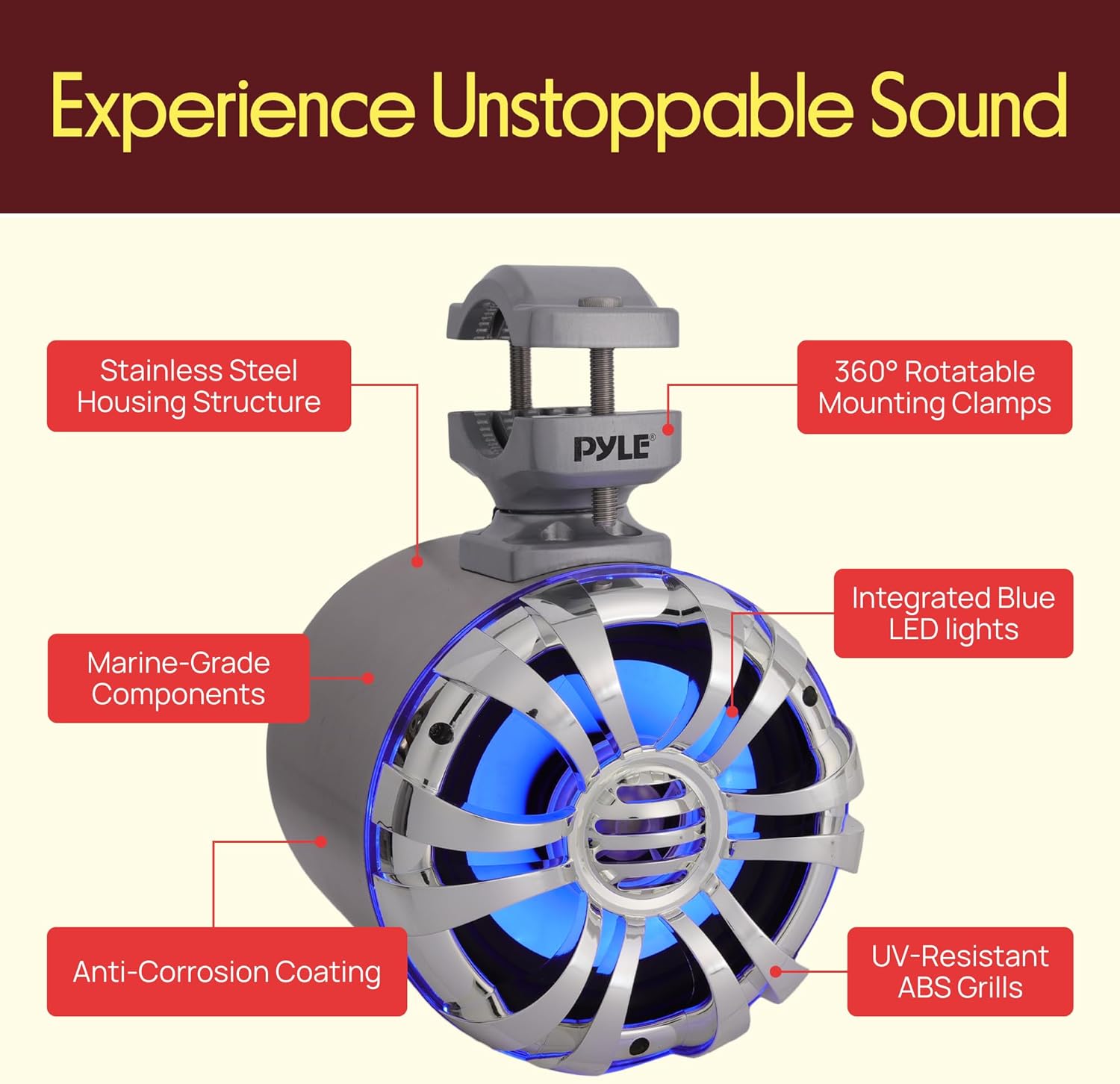 Pyle Marine Speakers - 5.25 Inch Waterproof IP44 Rated Wakeboard Tower and Weather Resistant Outdoor Audio Stereo Sound System with Built-in LED Lights - 1 Pair in Silver (PLMRWB50L) - Image 9