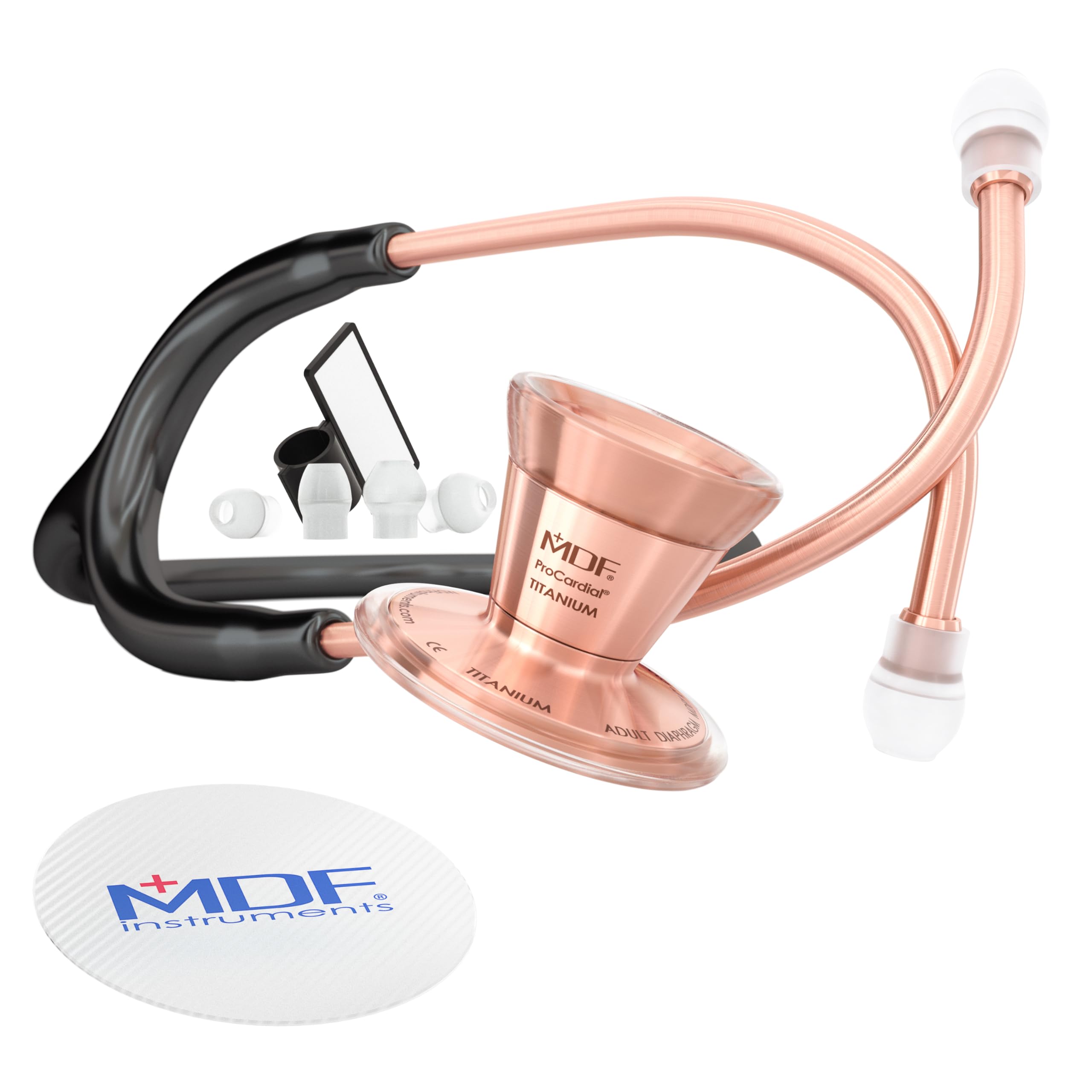 MDF797TRG11 - Estetoscopio de cardiología con estuche, color rosa dorado, titanio ligero, adulto, bandera doble, tubo negro, pabellón casco, rosa dorado, MDF797TRG11