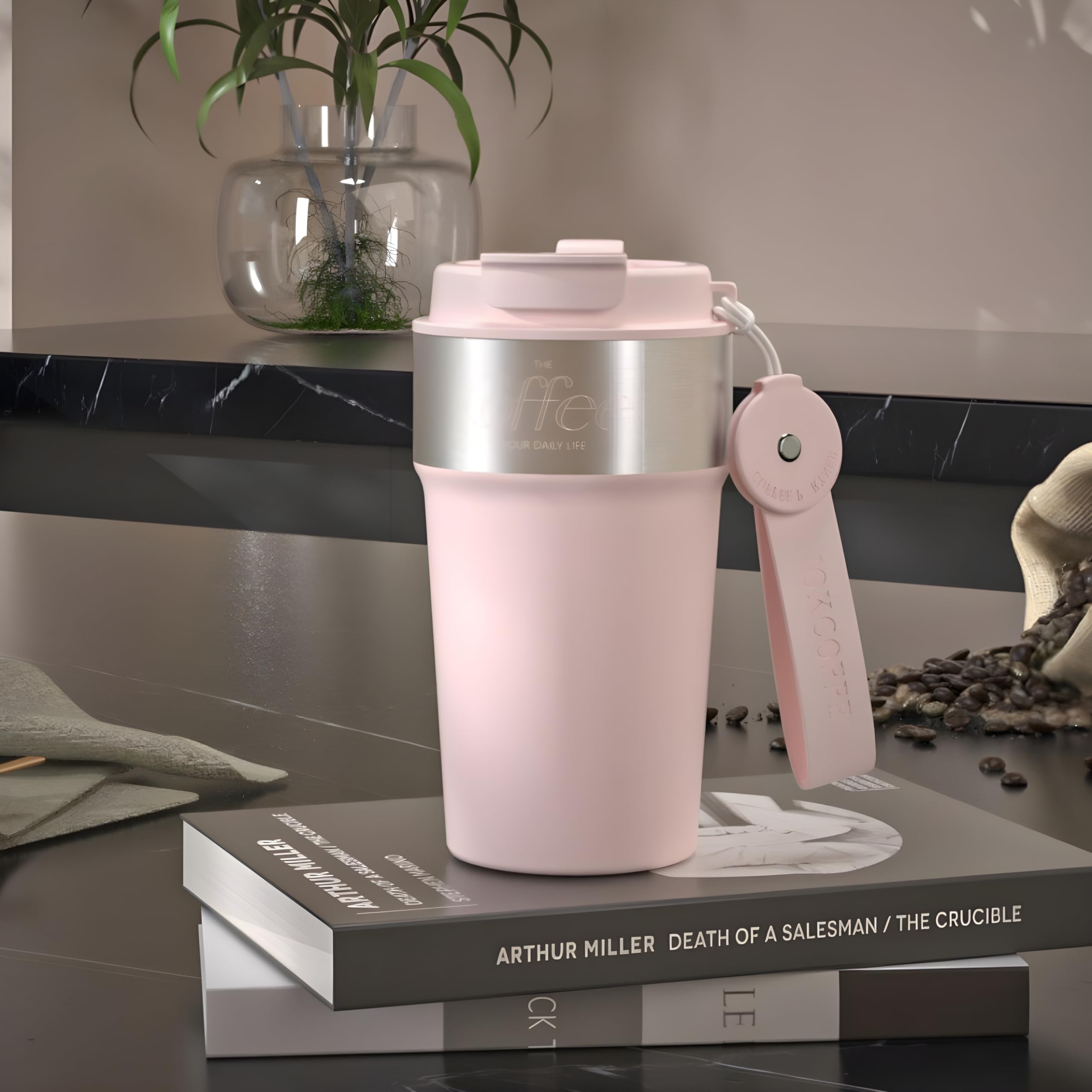 Motka 500ml Premium Stainless-Steel Tumbler | Double Wall Vacuum Insulated Coffee Mug with Strap | Hot & Cold Travel Cup with 2-in-1 Lid (Sip & Straw) | Leakproof Sipper Thermos Flask (Pink)