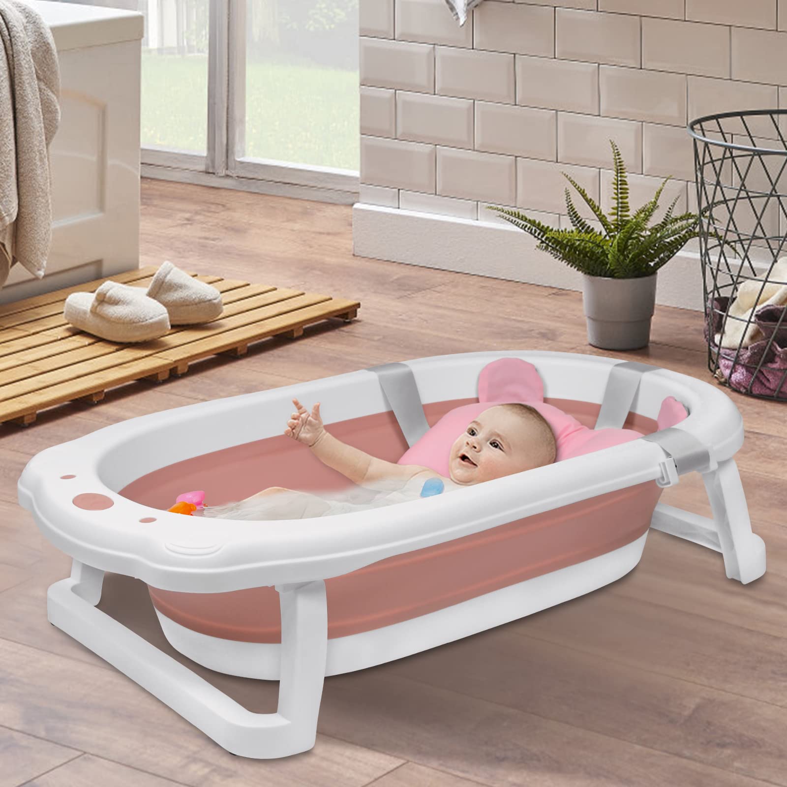 YUENFONG Vaschetta da Bagno Pieghevole, Vasca da Bagno per Bambini in Materiale PP Doppia Antiscivolo, Salvaspazio e Facile da Trasportare, per Bambini da 0 a 8 Anni, Rosa con Tappetino da Bagno