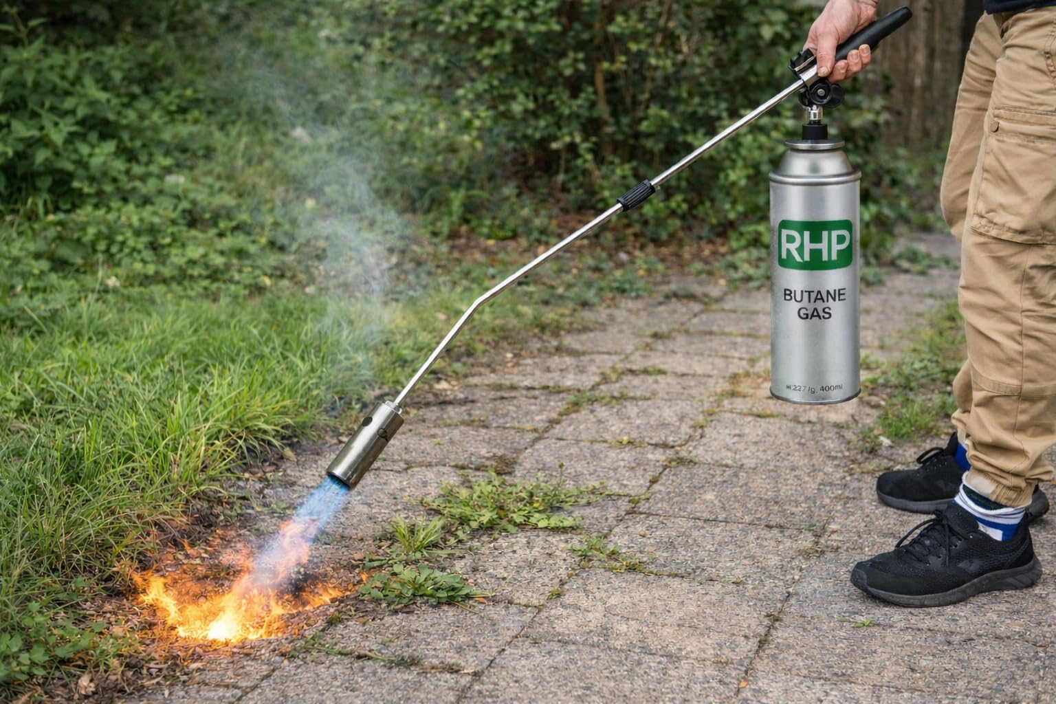 Brûleur à mauvaises herbes RHP 80 cm, avec 4 cartouches de butane 227 g, allumage piézoélectrique, flamme 1000 °C