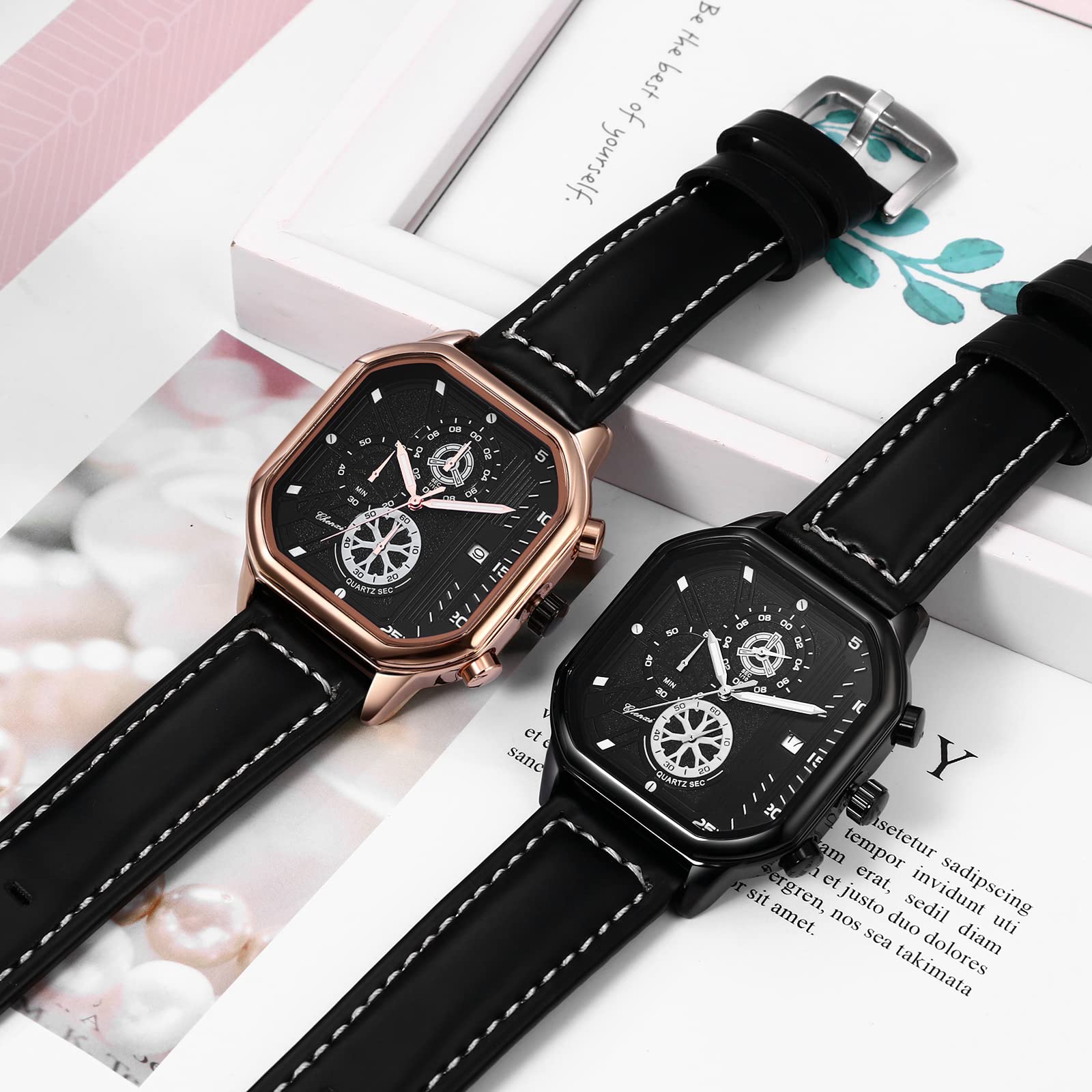 JewelryWe Zegarki dla mężczyzn kwadratowe analogowe świecące wskazówki kwarcowy kalendarz zegarek fajny skórzany pasek zegarek na rękę, 2 sztuki