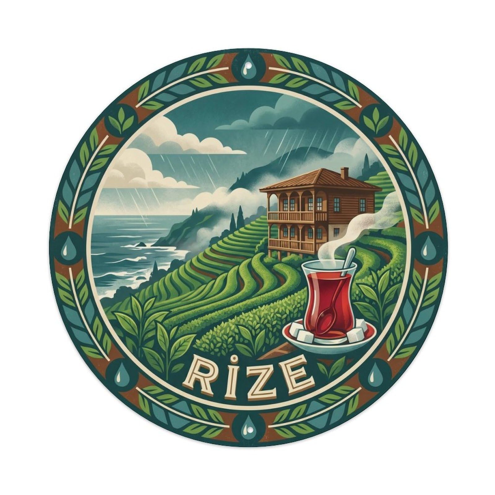 Rize Tea Terraces Green Turkish Beverage Graphic Metal Tin Sign