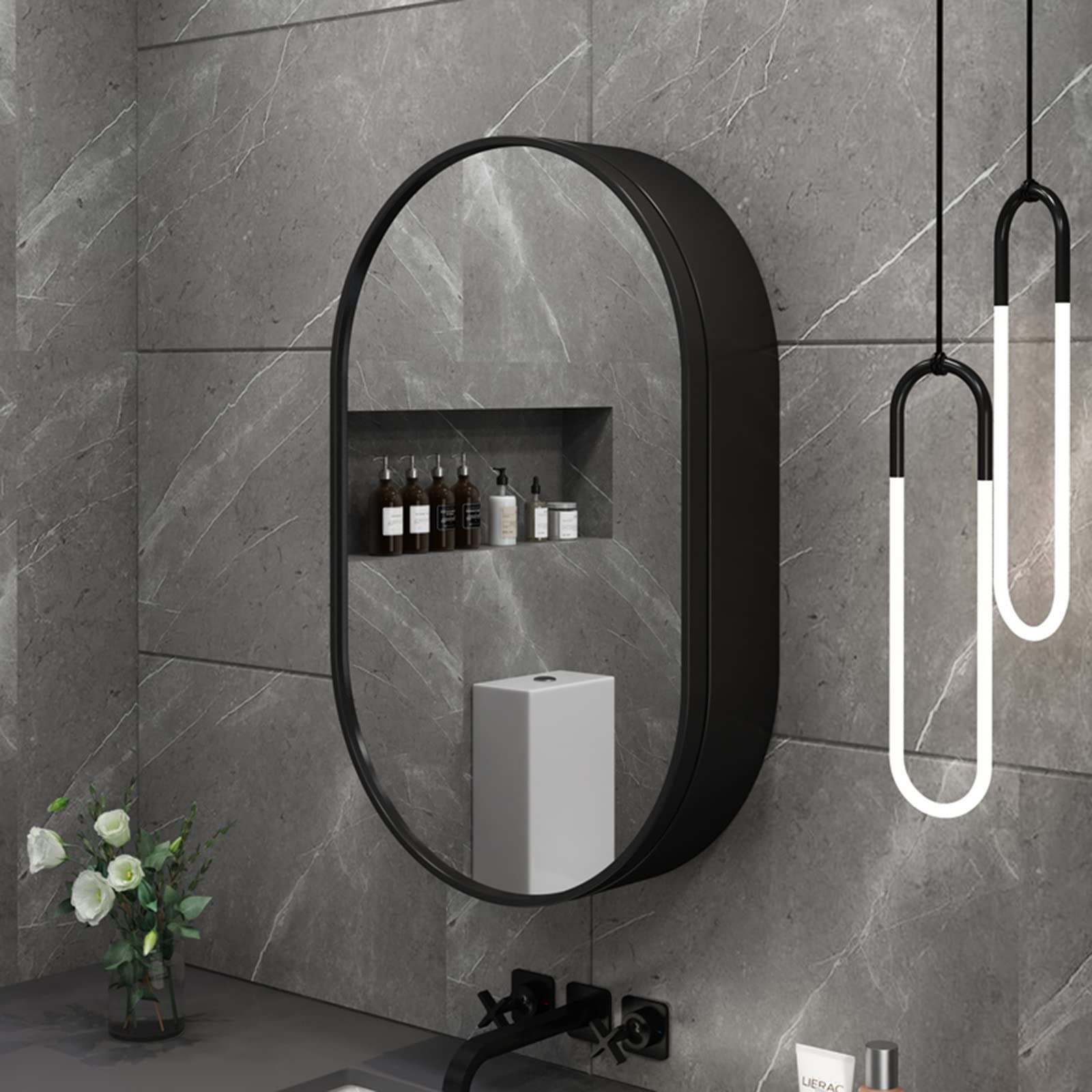 Armadietto ovale da bagno con specchio da parete, armadietto per medicinali in legno con luce disappannante e contenitore (nero, 40 x 70 x 14 cm)