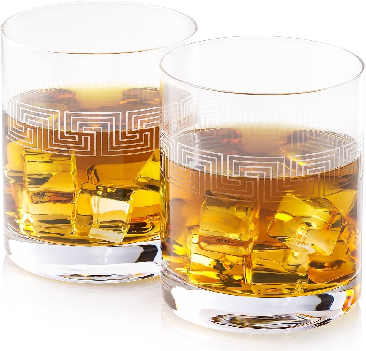 Hand Etched Whiskey Glasses BROM | Made in Europe | Ancient Greek Key Pattern | Set of 2 x 10.8 oz Old Fashioned Glasses | Gift Box.