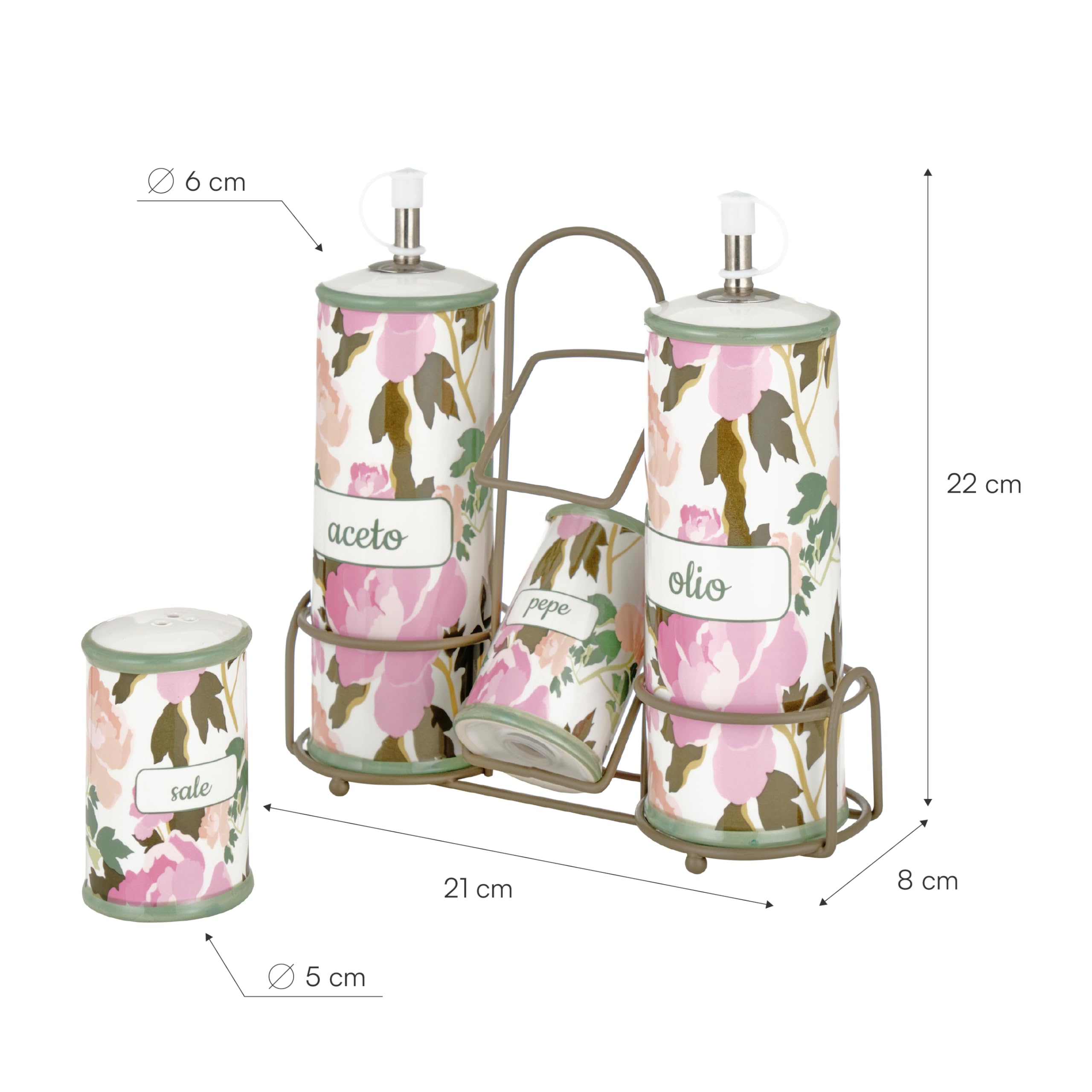 Baroni Home Menage Olio Aceto Sale Pepe in Ceramica con Stand in Metallo, Accessorio da Cucina Colorato Resistente, Linea Rose, 21X8X22cm