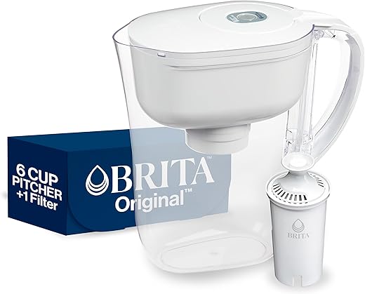 Brita Small 6 Cup Denali Water Filter Pitcher with 1 Brita Standard Filter, Made Without BPA, White