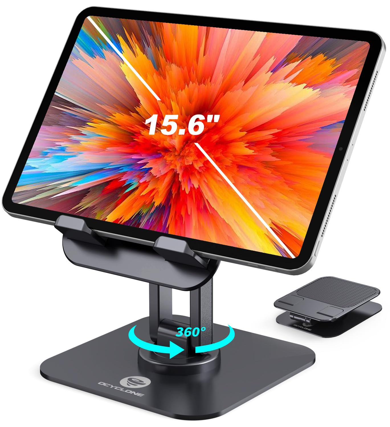 OCYCLONE iPad Stand, 360° Rotating Adjustable Foldable iPad Tablet Stand Holder for Desk Compatible for Kindle Tablet iPad 4" - 15.6" Portable Monitor Stand, Black