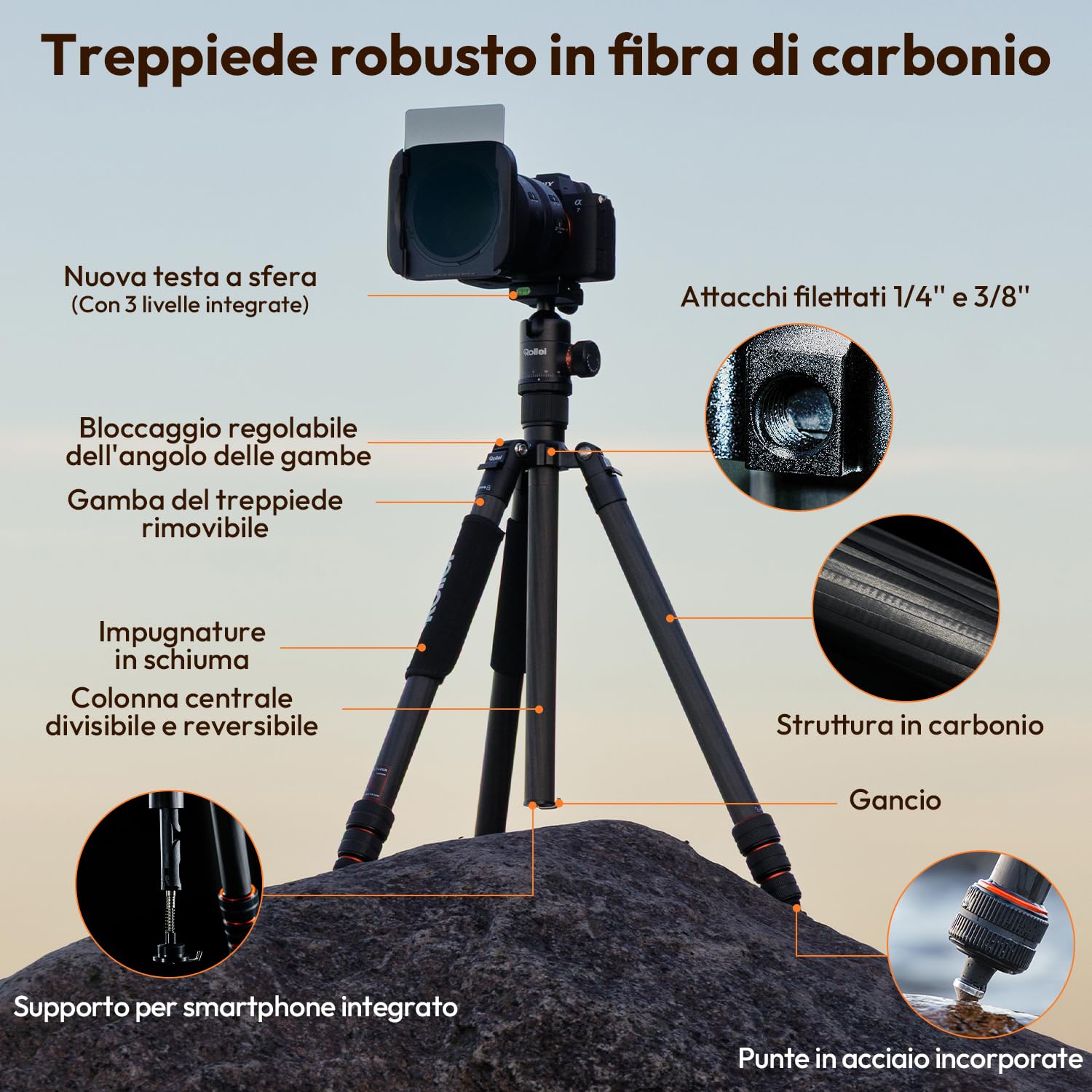 Rollei C6i Treppiede Fotocamera Nero, 171,5cm Cavalletto Fotografico Carbonio Viaggio con Testa Sfera a 360° Tripod Camera per Sony Canon Nikon DSLR Treppiede per Smartphone con Supporto per Telefono