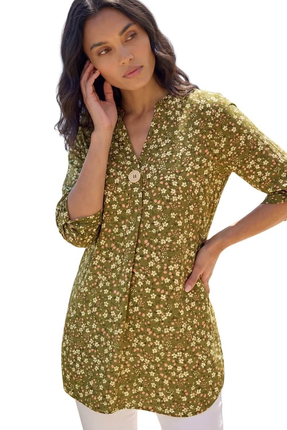 Roman Originals Shirt for Women UK Ladies Longline Top Collarless Blouse Smart Tunic Casual Evening Relaxed Fit 3/4 Length Sleeve Notch V Neck Long - Floral Khaki Gold - Size 14