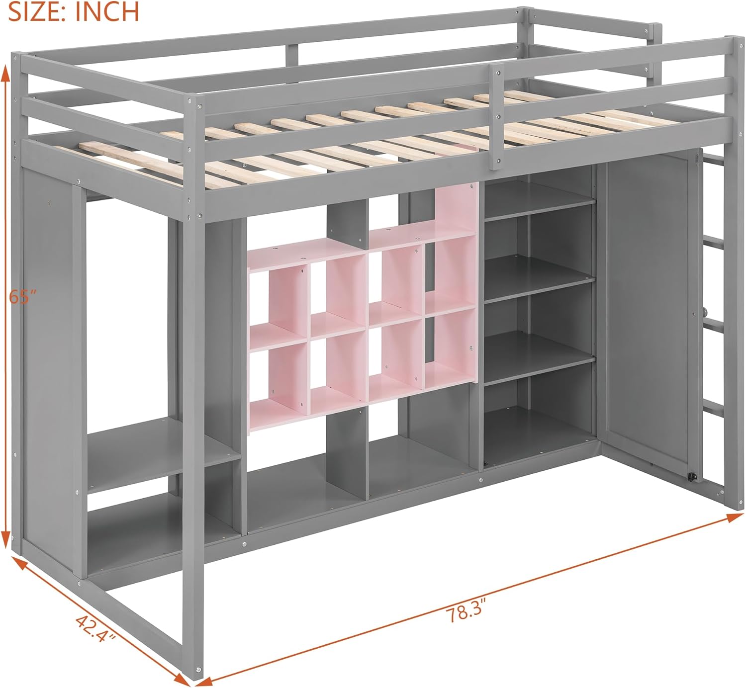 Twin Size Loft Bed with Open Wardrobe, Storage Shelves and Cabinet, Modern Wood Loft Bed Frame with Reversible Ladder and Full-Length Guardrails for Kids Teens Adults (Gray+Pink-02, Twin)