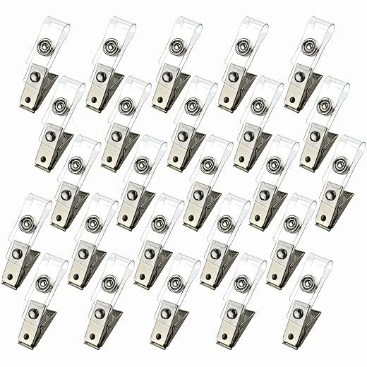 25Pcs Metal Badge Clips with Clear PVC Straps for ID Cards, Name Tags, Badge Holders, Work Badges