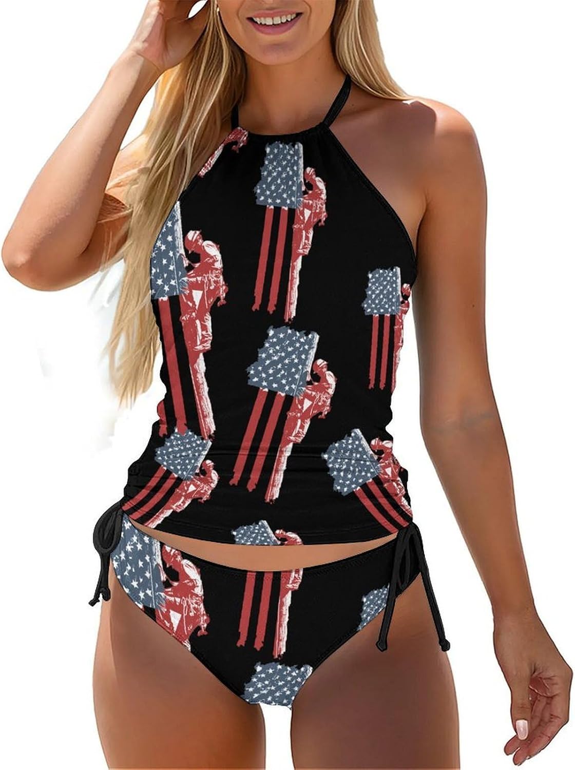 U.S.A. Flag Lineman Women Tankini 2 Piece Swim Bathing Suits | tummy control,high neck top with bottom,swimwear,swimsuits