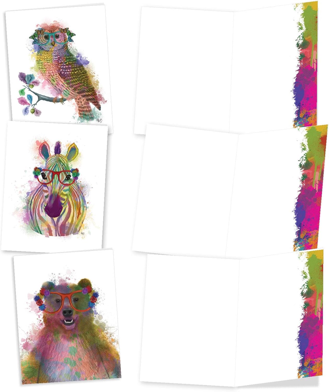 Funky Rainbow Wildlife - 20 Watercolor Blank Note Cards with Envelopes (4 x 5.12 Inch) - Boxed All Occasion Animal Cards - Cute Assorted Notecard Set for Kids (2 Each, 10 Designs) AM4948OCB-B2x10 : Office Products