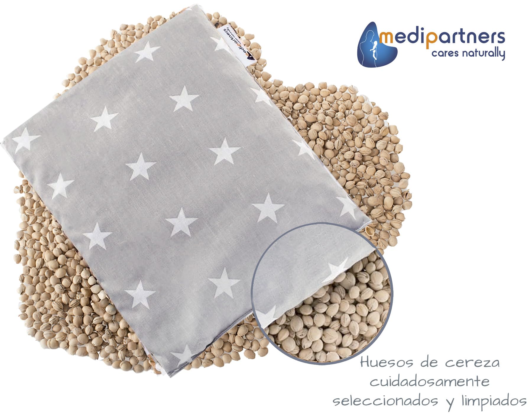 Medi Partners Saco de Semillas para Microondas 20x25cm Cojin 500g 100% Algodón Saquitos bolsa Semillas calor Microondas Almohadillas Saco Termico (Estrellas blancas sobre gris)