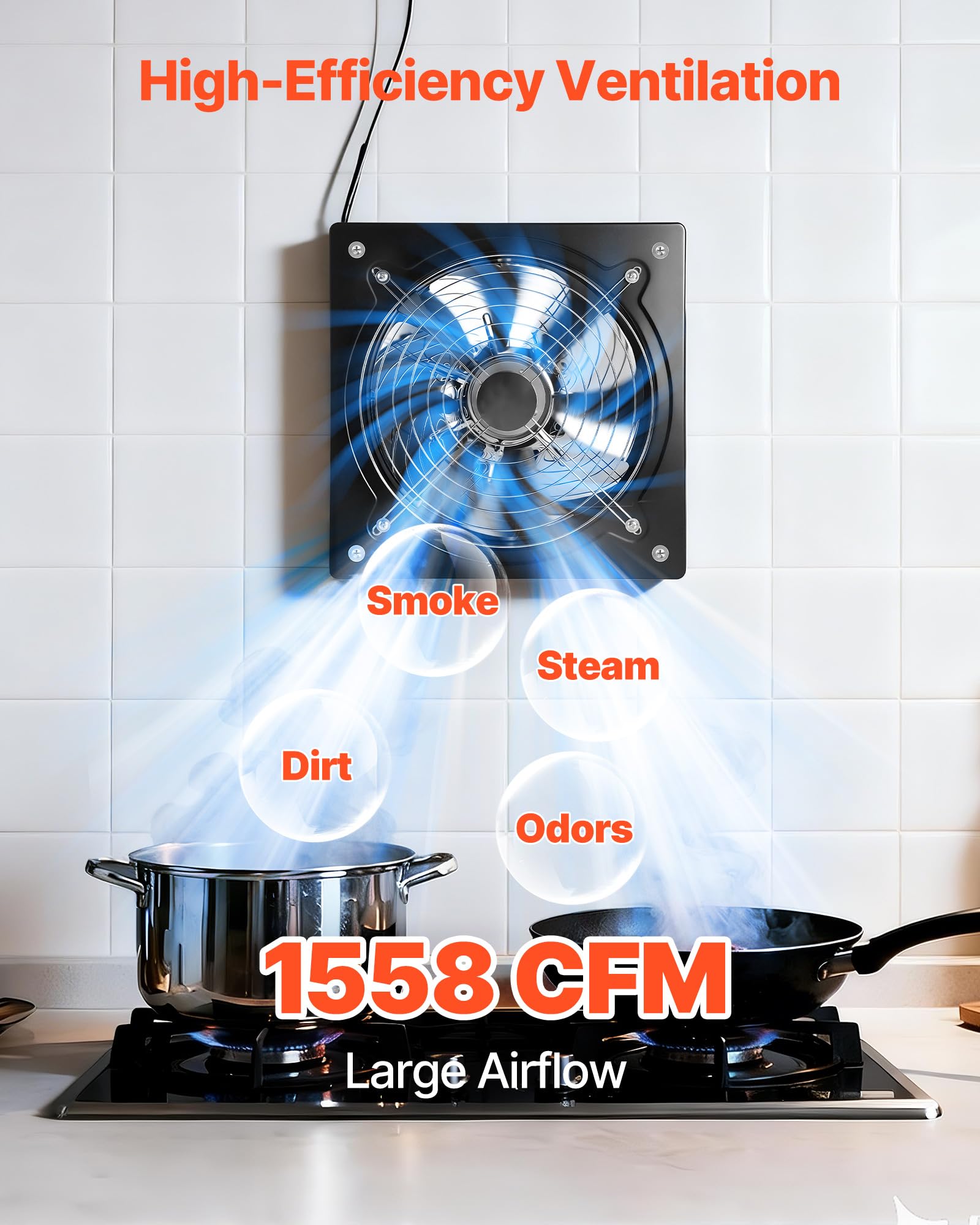 VEVOR Ventilatore di Scarico da 304 mm, Ventilatore di Sfiato a Parete ad Alta Velocità da 1558 CFM con Controllo della Velocità, Basso Consumo da 70 W, per Soffitta, Garage, Cantina, Officina - 3