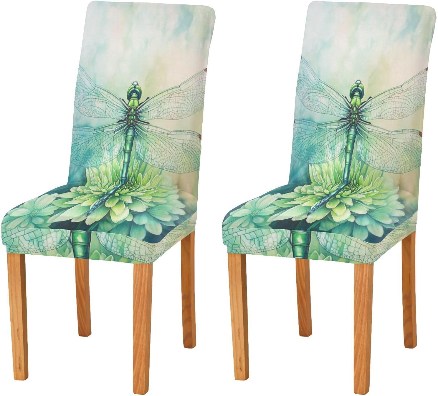 ALAZA Chair Covers for Dining Room, Green Dragonfly Flowers Art Stretch Chair Cover Sets Chair Protector Removable Washable for Ktichen Restaurant Hotel
