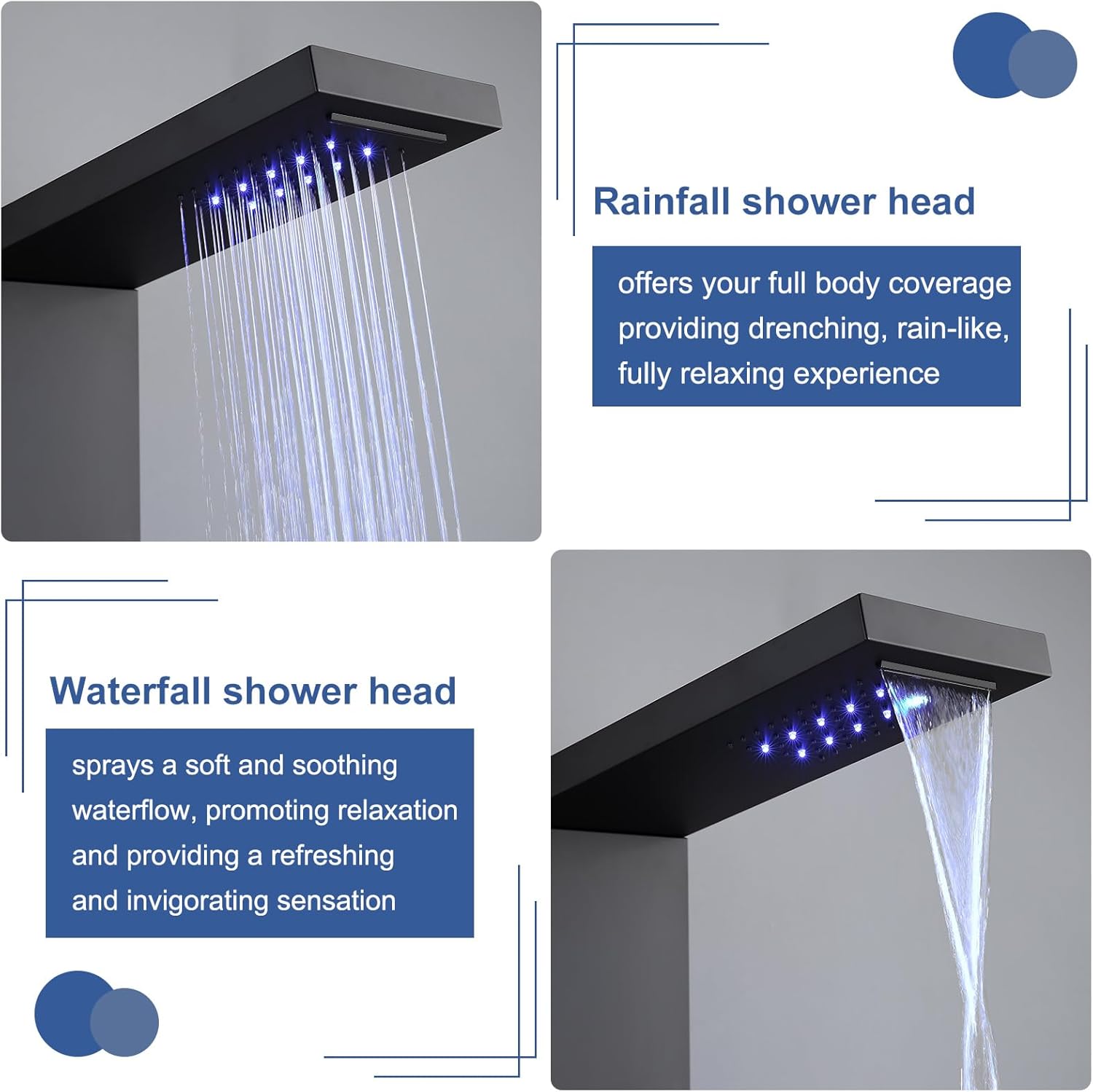 ROVATE Matte Black LED Rainfall Waterfall Shower Panel Tower System with Shelf - Powerful Stainless Steel Shower Column with Mist and Massage Body Jets, Handheld, Waterfall Tub Spout