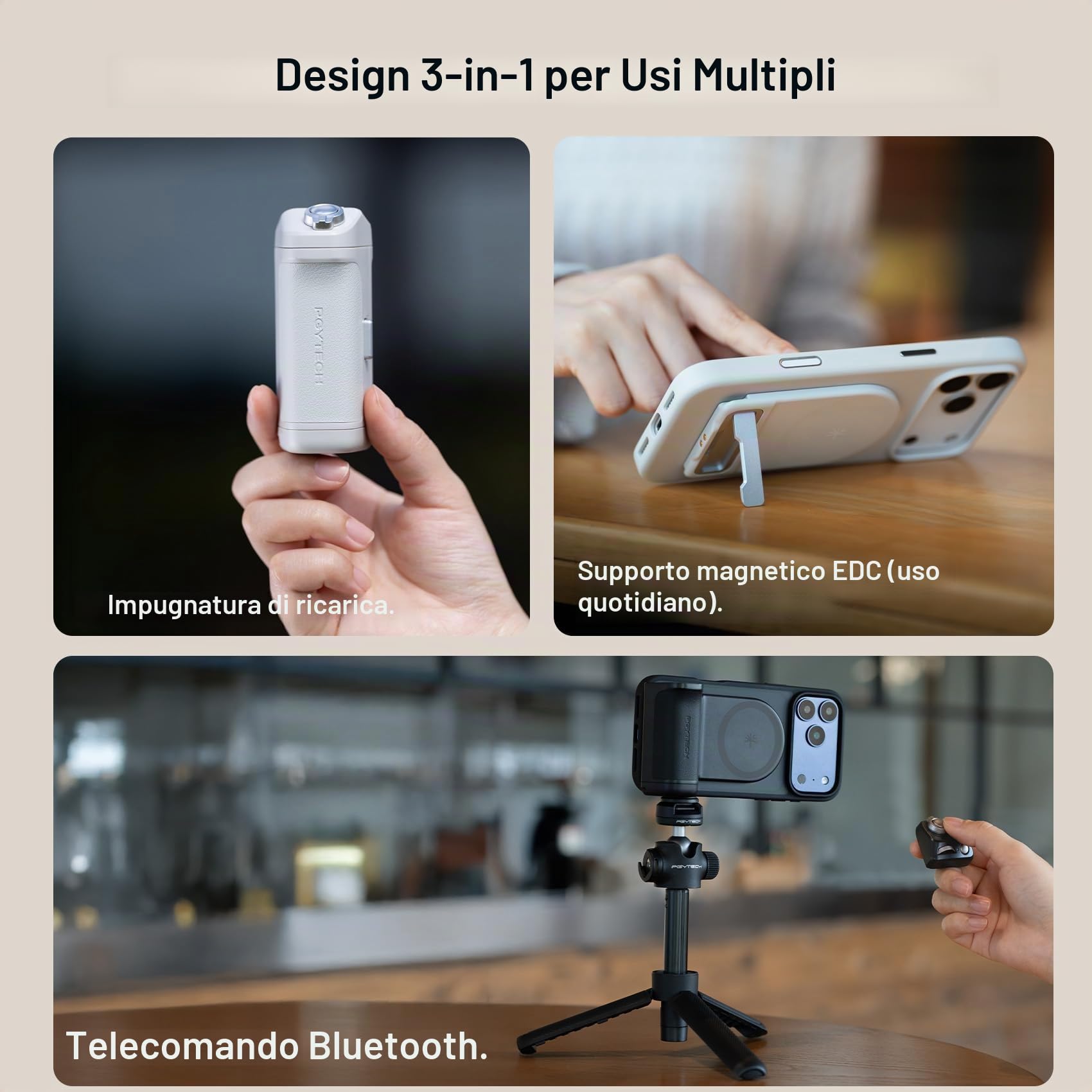 PGYTECH MagCam 2 Impugnatura per Smartphone Kit Modulare 3-in-1, Telecomando Bluetooth, Impugnatura di Ricarica e Supporto Wireless Magnetico MagSafe, per iPhone 12–17/Android 14 (Nero)