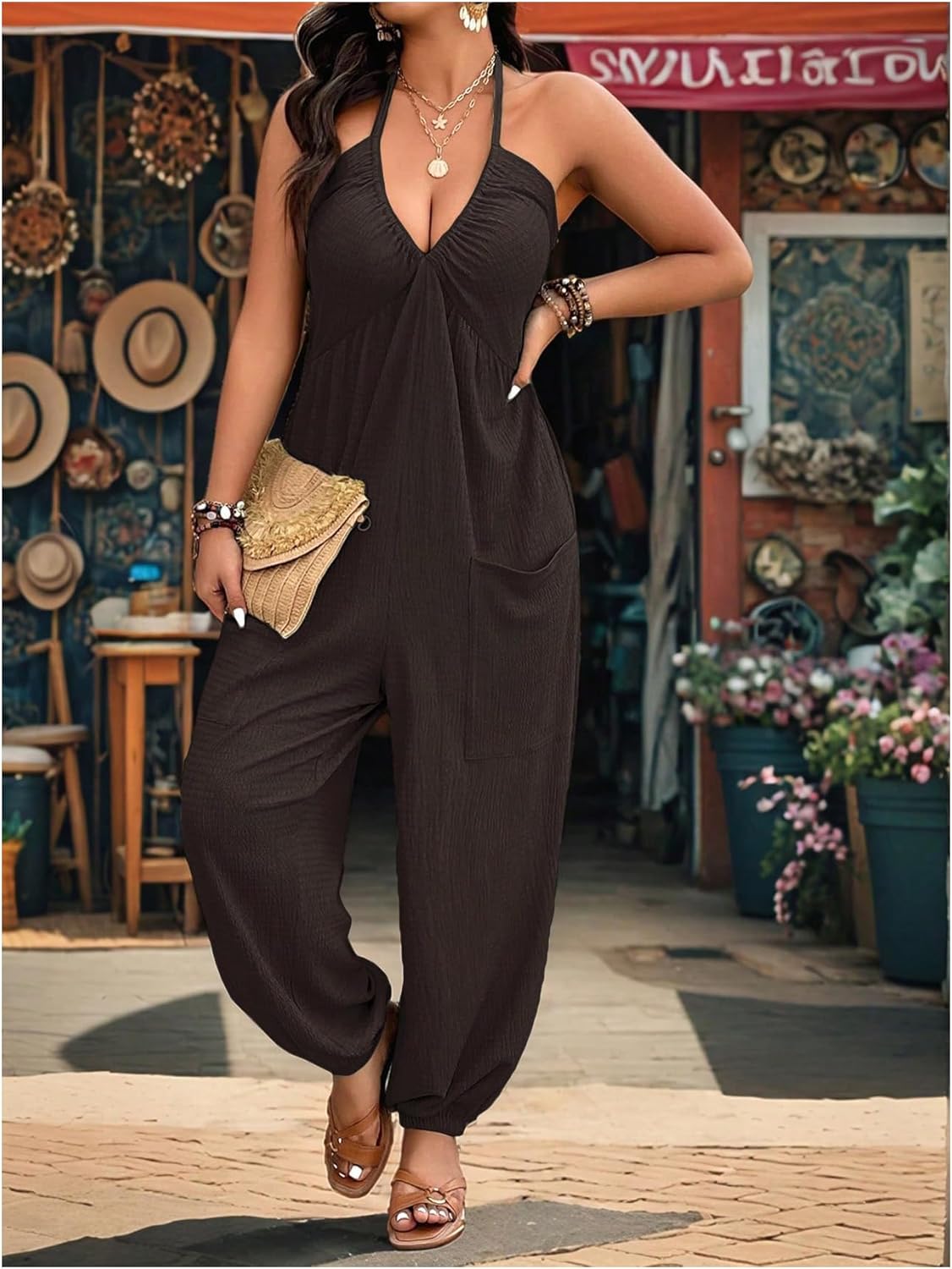 WDIRARA Women's Plus Size Backless Halter Jumpsuit Deep V Neck Sleeveless Pants Romper - Image 3