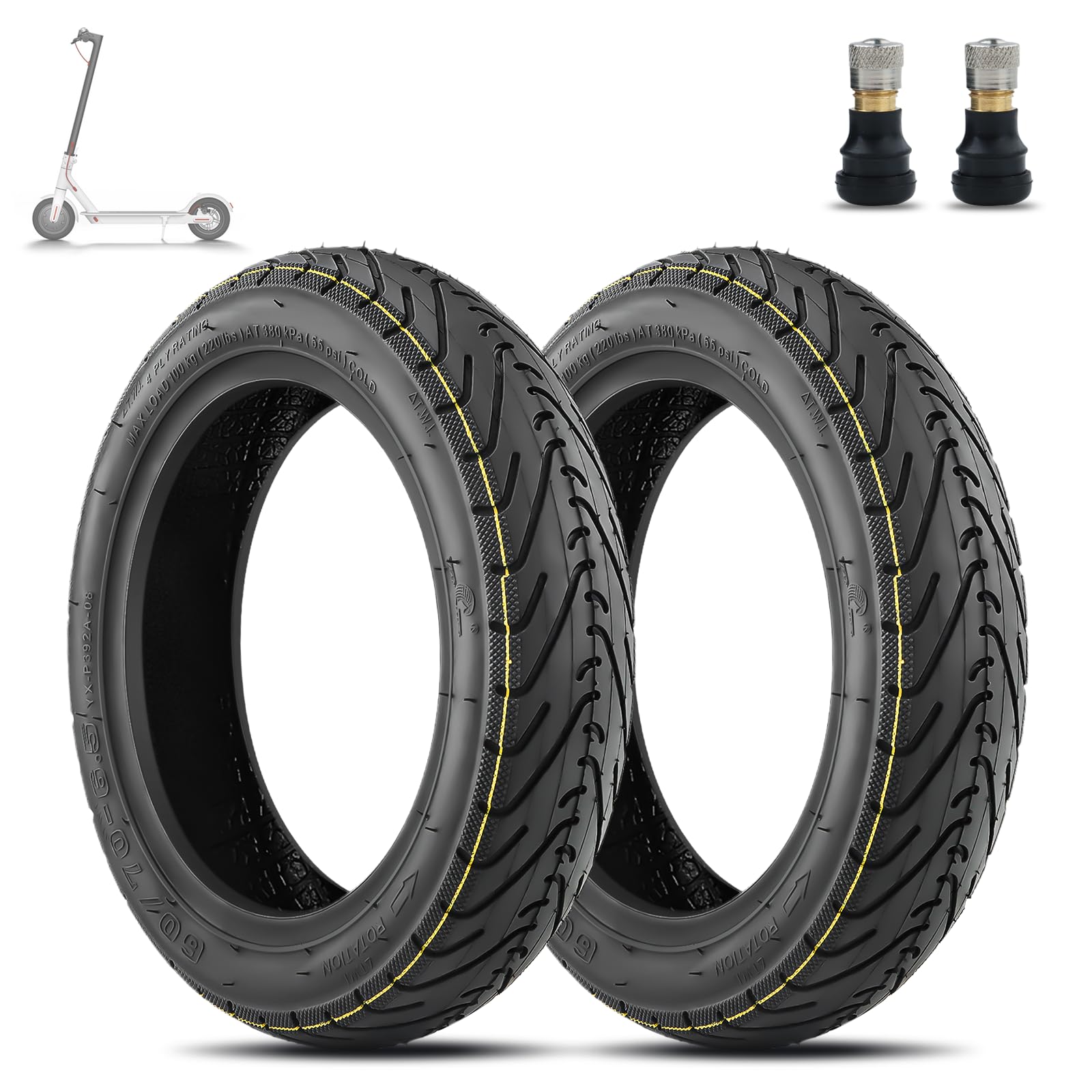 SYACHI 10 x 2,5 Pouces Pneu Tubeless+2 Buses Droites Accessoire Trottinette Électrique Pièces, 60/70-6.5 Caoutchouc plus épais et plus large Type Roues Anti-Explosion