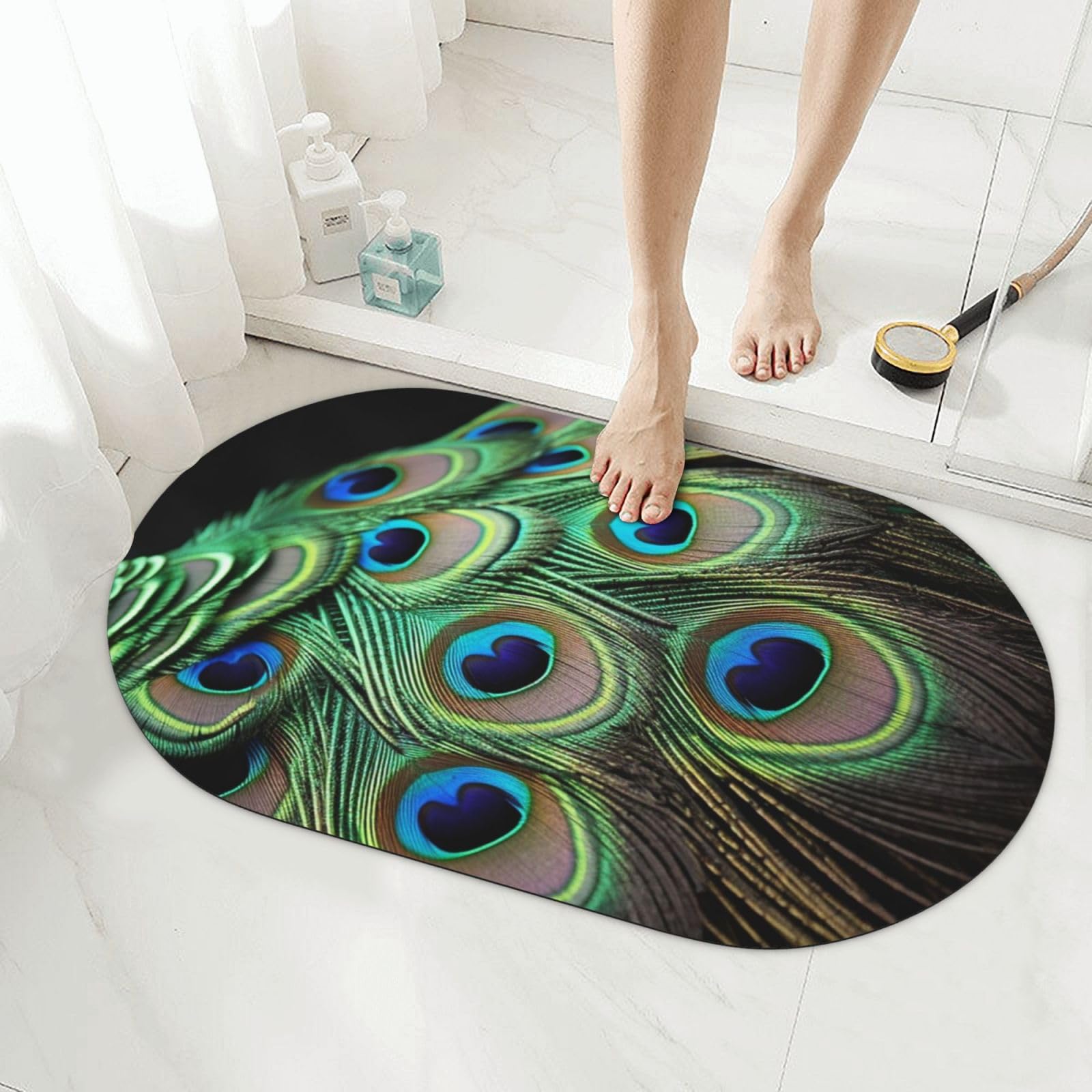 Tapis de bain en pierre contre les sols mouillés et glissants avec motif plumes de paon