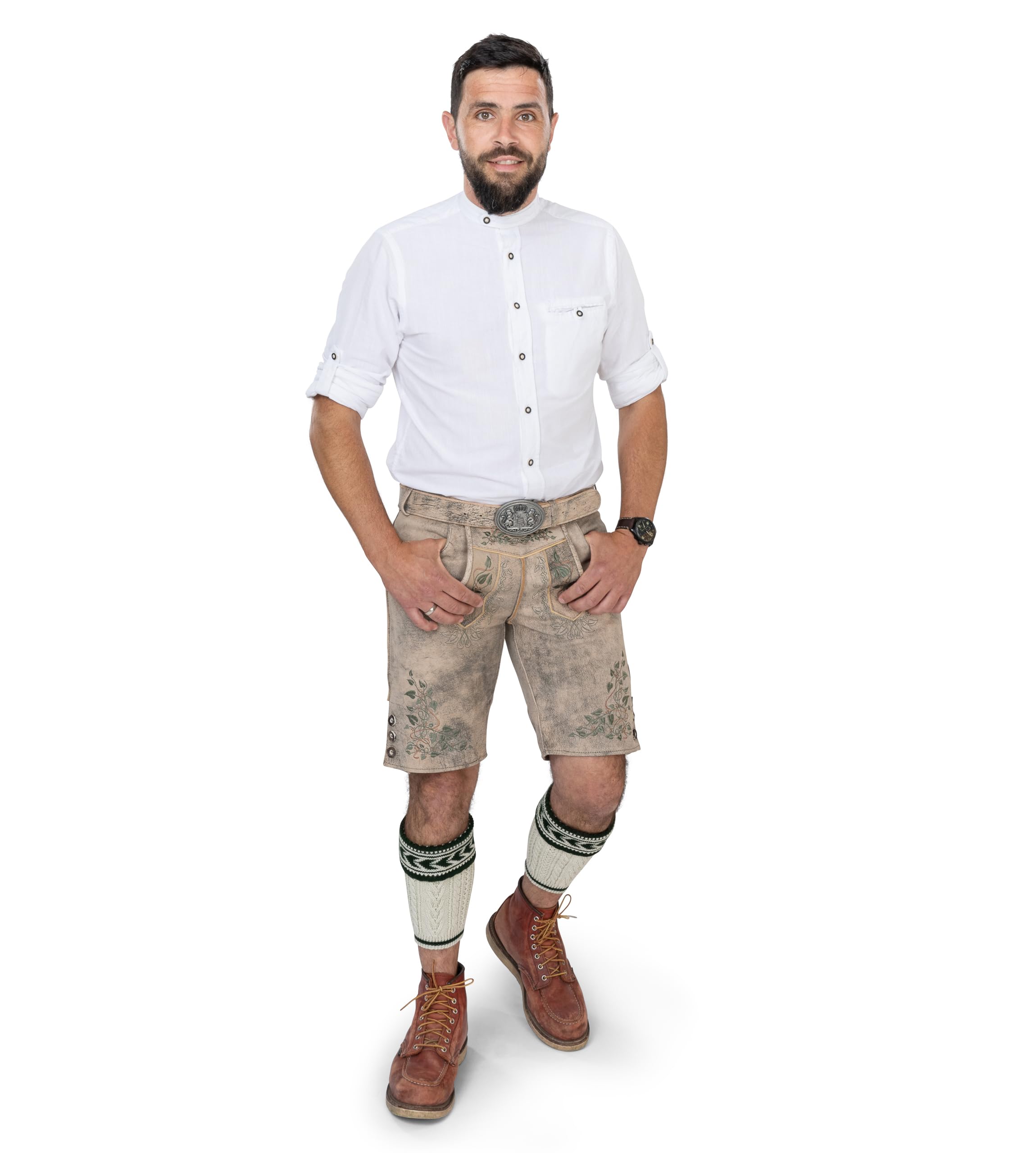Schöneberger Trachten Couture Herren Lederhose kurz, Nubuk-Leder Trachtenhose für Oktoberfest, Trachtenlederhose gespeckt Sepp