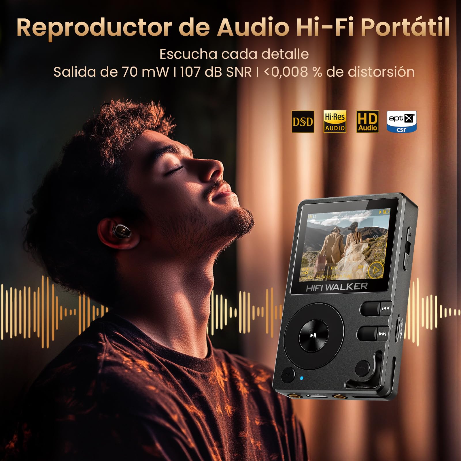 HIFI Walker H2 128 GB MP3-Player Bluetooth 5.2 DSD DAC Hi-Res FLAC Reproductor de música sin pérdidas 128 GB Tarjeta SD 512 GB Ampliable Regulador ALPS Robusta Carcasa de Zinc