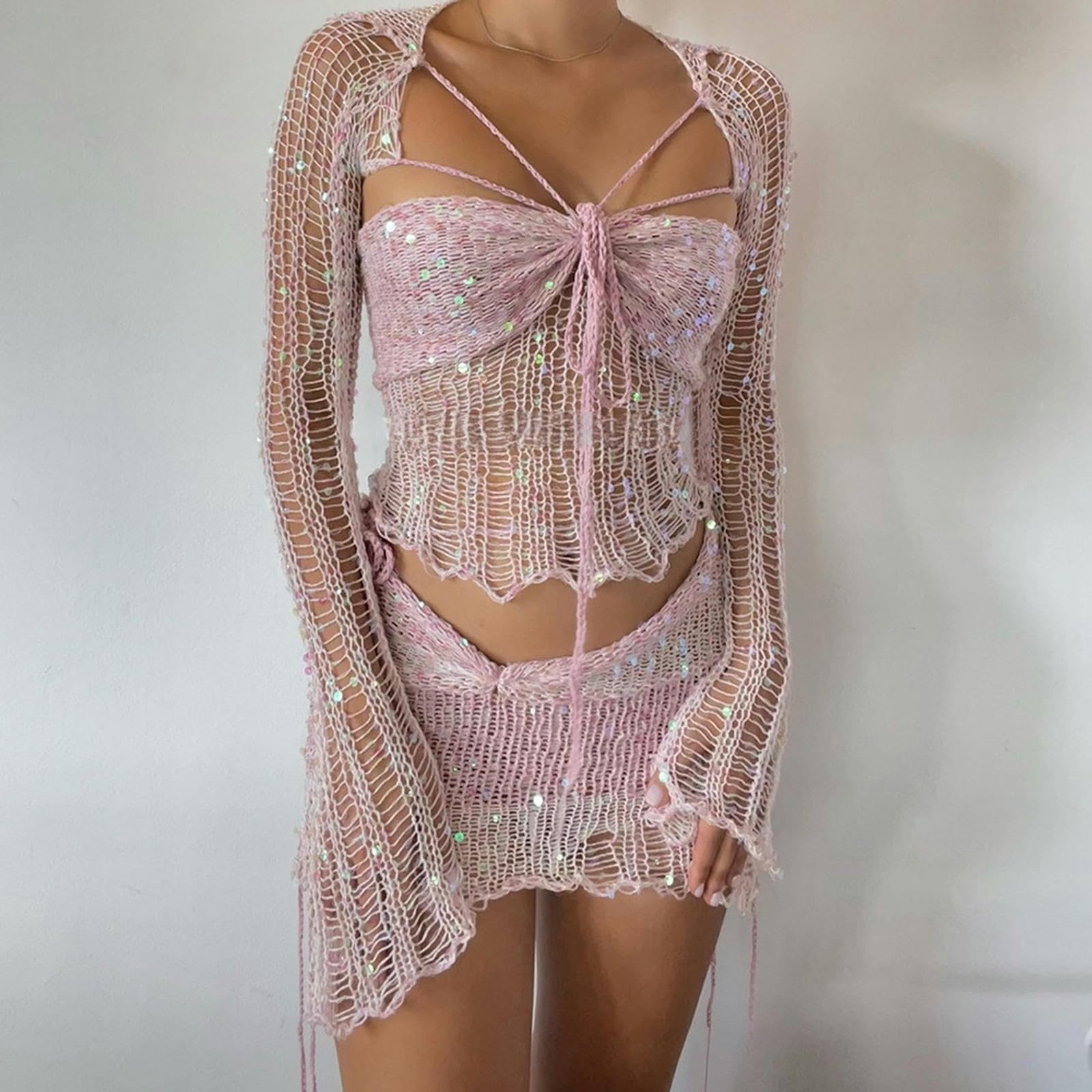 Vêtements européens et américains 2023 Nouveau Pull tricoté à Paillettes Costume Trois pièces-Rose-M