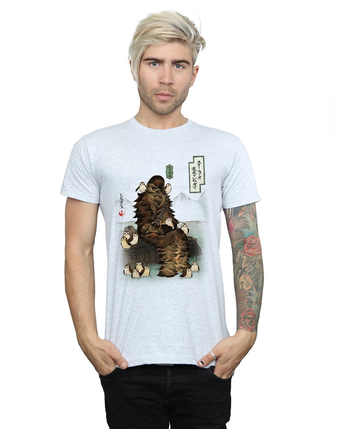 Star Wars Men's The Last Jedi Japanese Chewbacca Porgs T-Shirt Large Sport Grey