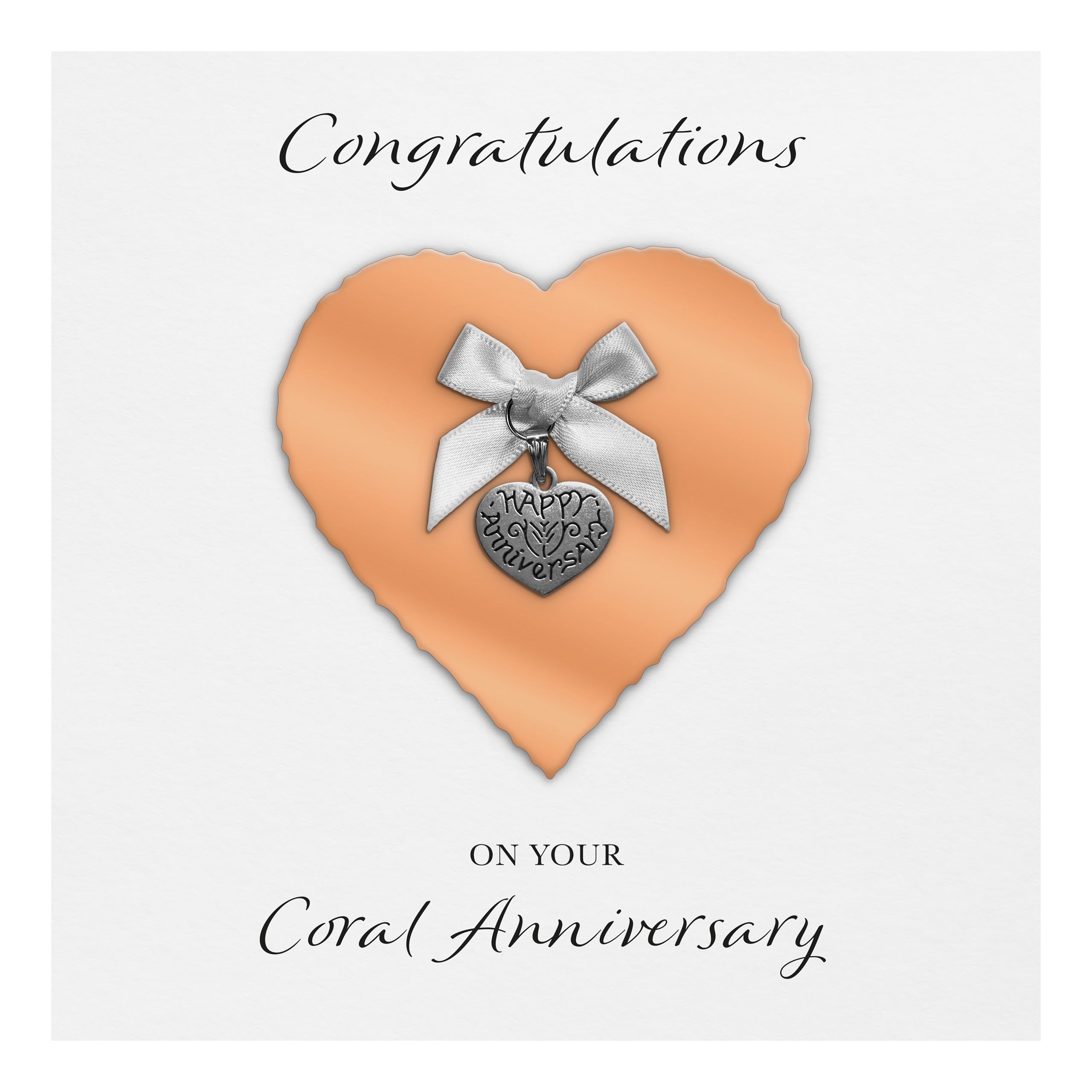 Coral 35th Anniversary Card "Heart Charm & Bow" - Handmade UK (Coral Heart/White Bow, White Cardstock)