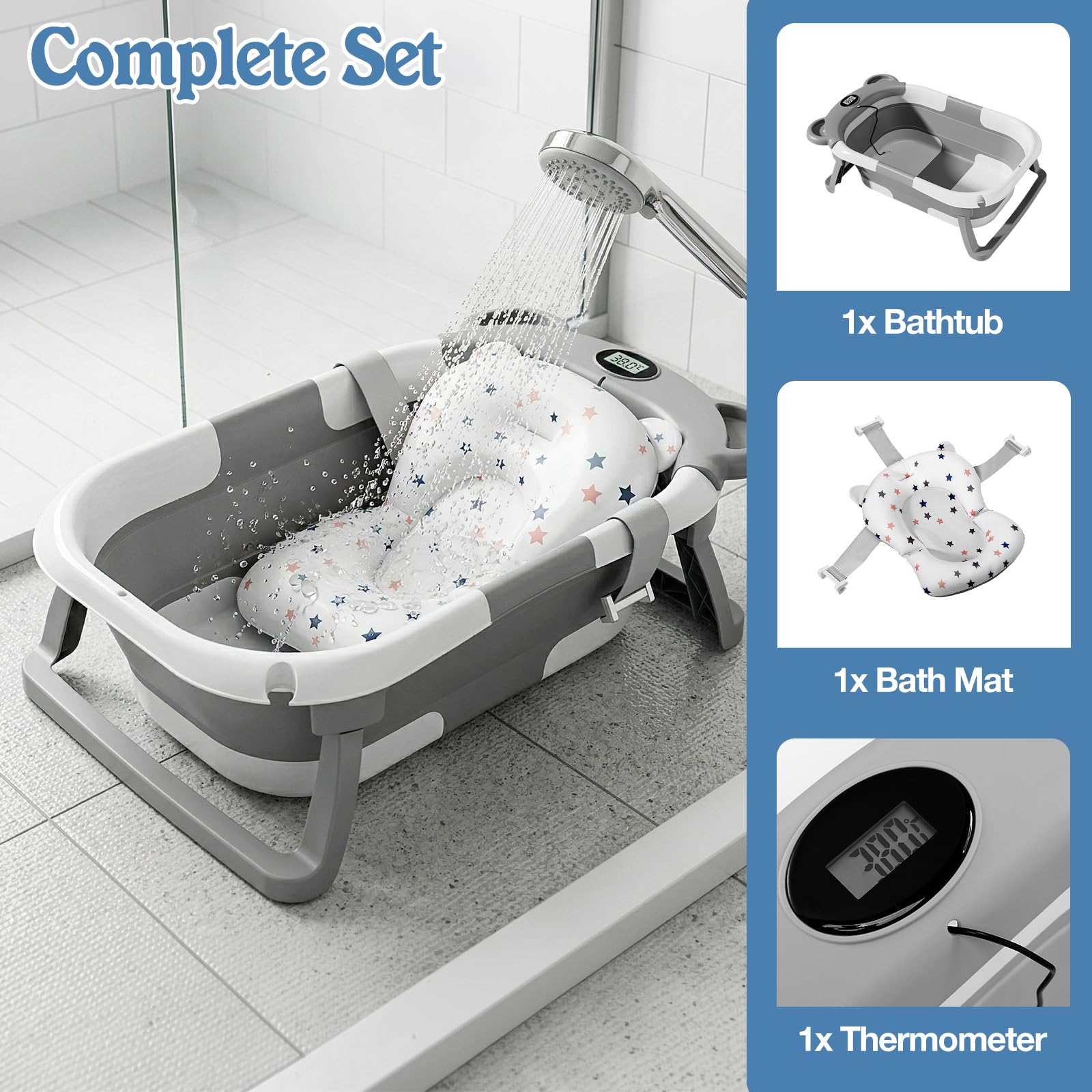Vaschetta Bagnetto Neonato, Vaschetta per il Bagnetto Pieghevole con Cuscino da Bagno Antiscivolo, Con Termometro Integrato per Neonati da 0 a 36 Mesi (Grigio)