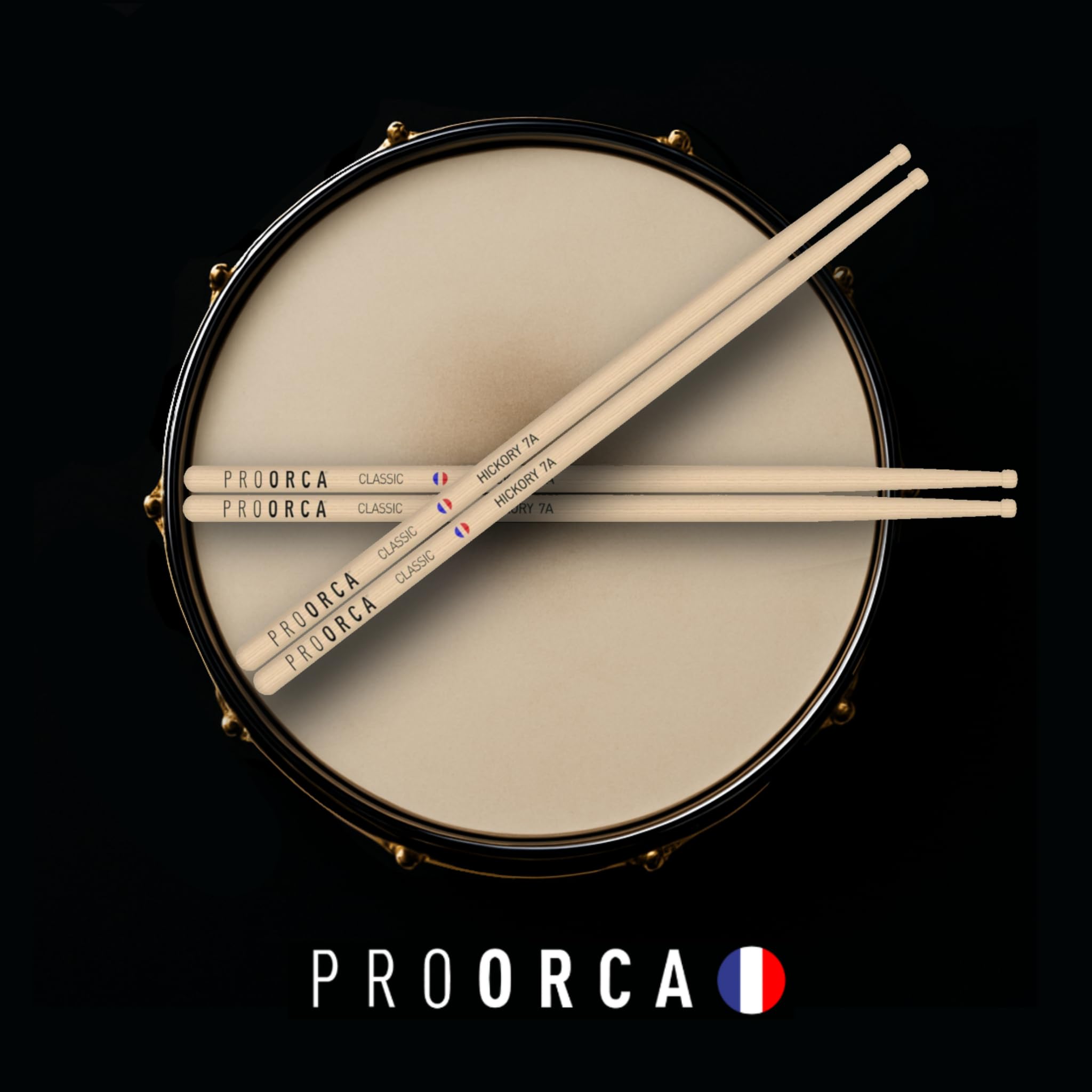 Baguettes de Batterie ProOrca 7A – Made in France, 100% Hickory Américain, Adhérence Naturelle, Contrôle Précis, Son Clair, Idéales pour Jazz, Pop et Styles Légers