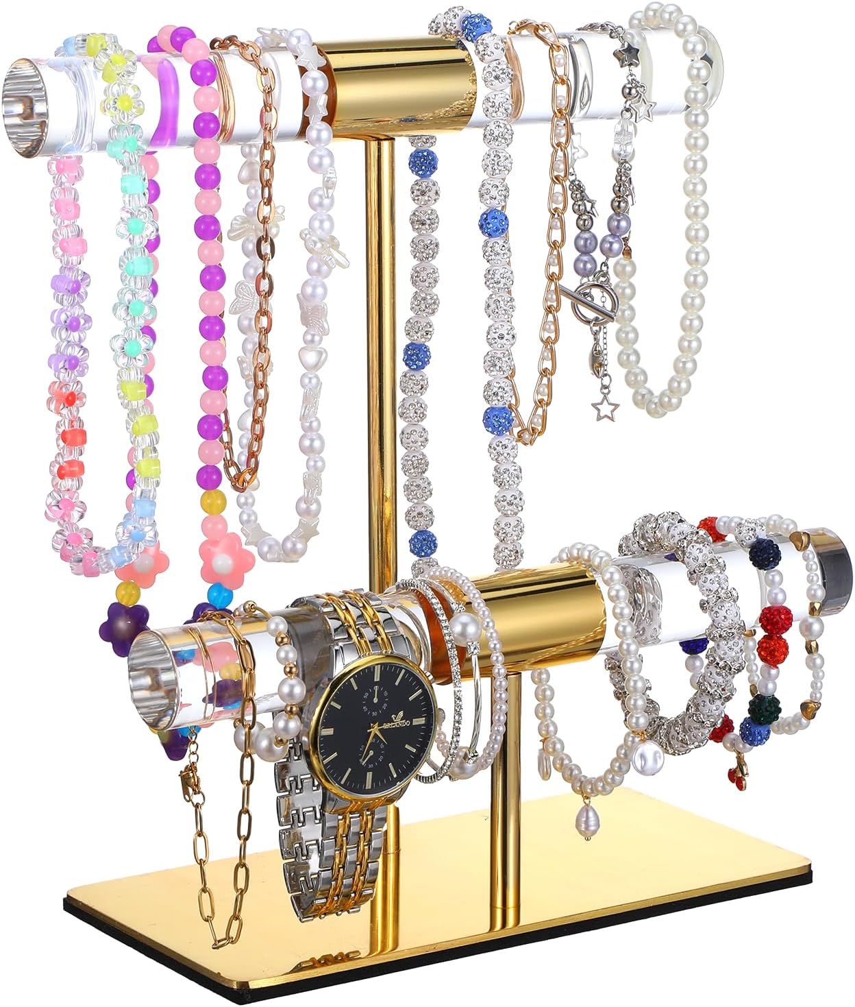 Display Stand Acrylic Jewelry Towers - Stainless Steel Long Necklaces Stand 2-Tier Crystal Tabletop Jewelry Organizer Home Decor for Store Boutique Vendors