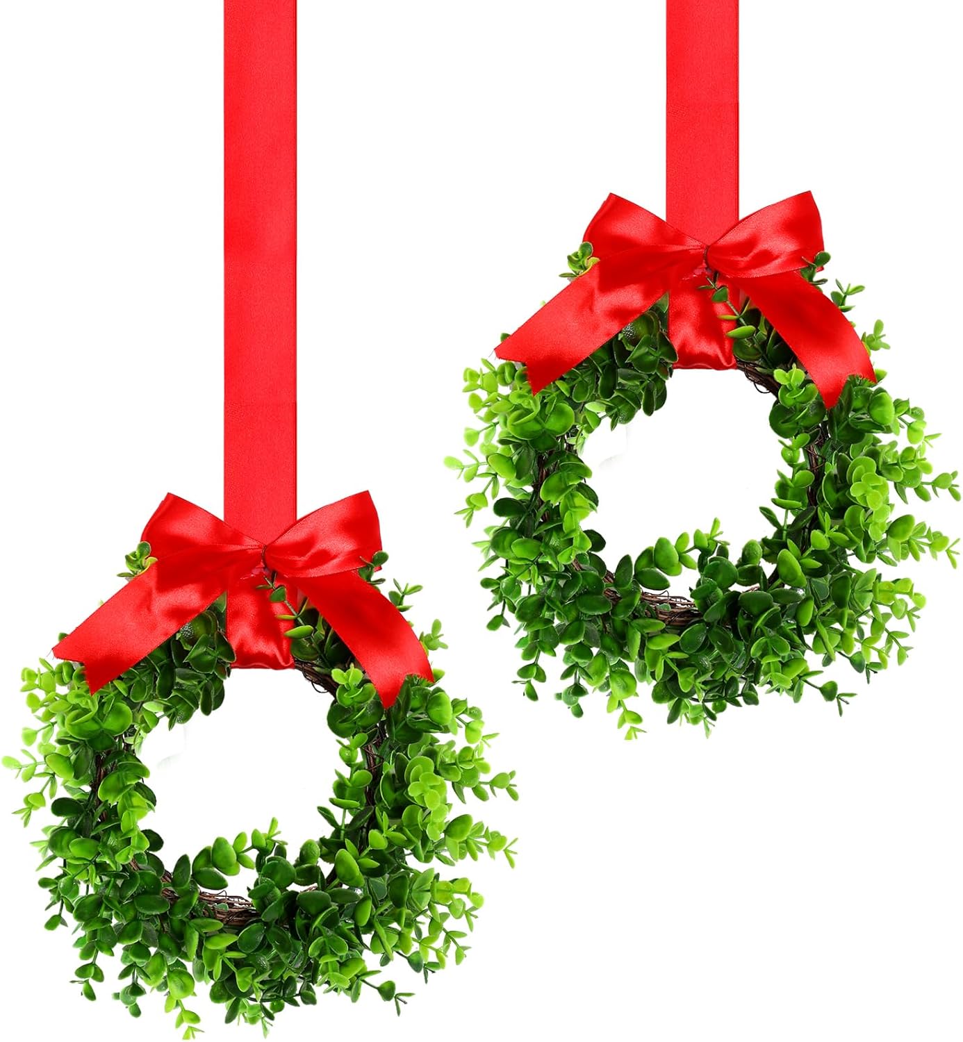 Jexine 12 Pcs Mini Christmas Wreath for Kitchen Cabinet Christmas Small Wreath with Red Bow Ribbon for Window Front Door Chair Wall Fireplace Xmas Artificial Greenery Decoration