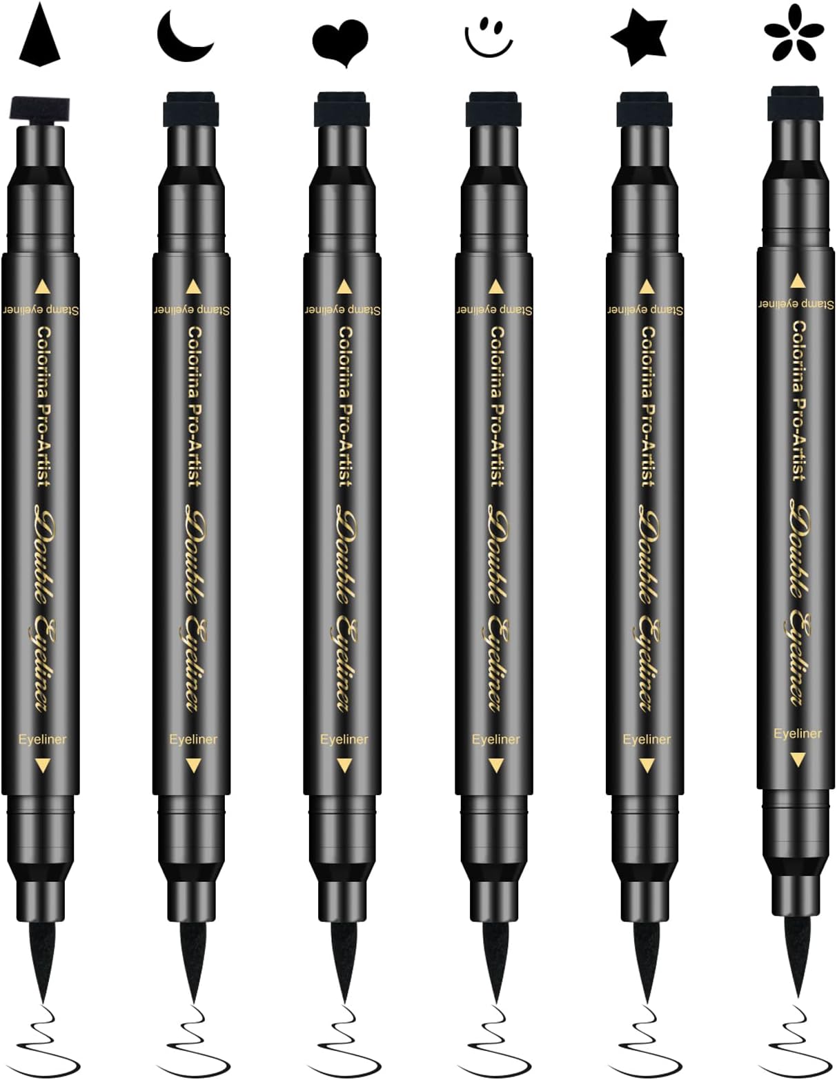 6Pcs Eyeliner Stamp, Double-End Eyeliner Stamp Pen, Waterproof Eye Liner Tattoo Makeup-Smiley+Triangle+Heart+Star+Moon+Flower