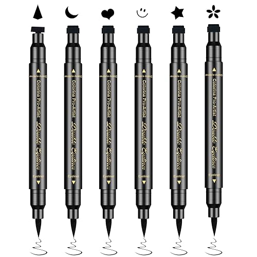 Ownest 6 Pcs Waterproof Smudge-proof Eyeliner Stamp Pen Set - Eyeliner Tattoo Tool with Smiley, Triangle, Heart, Star, Moon, Flower - Black